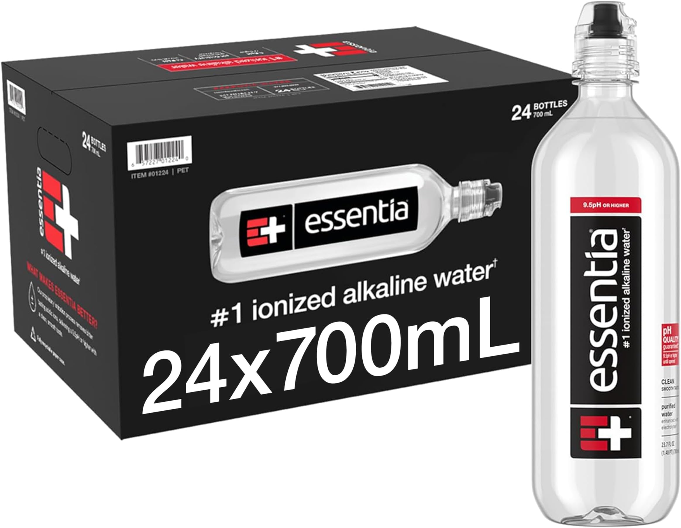 Essentia Water LLC Bottled 700 mL, 24-Pack, Ionized Alkaline Water; 99.9% Pure, Infused with Electrolytes, 9.5 pH or Higher with a Clean, Smooth Taste