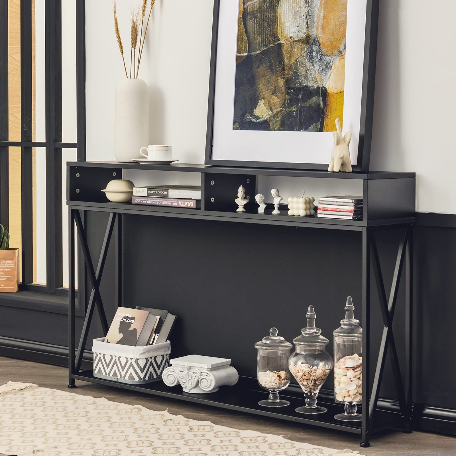 COSTWAY Consolle Ingresso a 2 Livelli, Tavolo Consolle in Legno e Metallo con Ripiani e Piedini Regolabili, Tavolo d’Ingresso Stretto Moderno per Salotto e Corridoio, 120 x 23 x 79 cm (Nero)