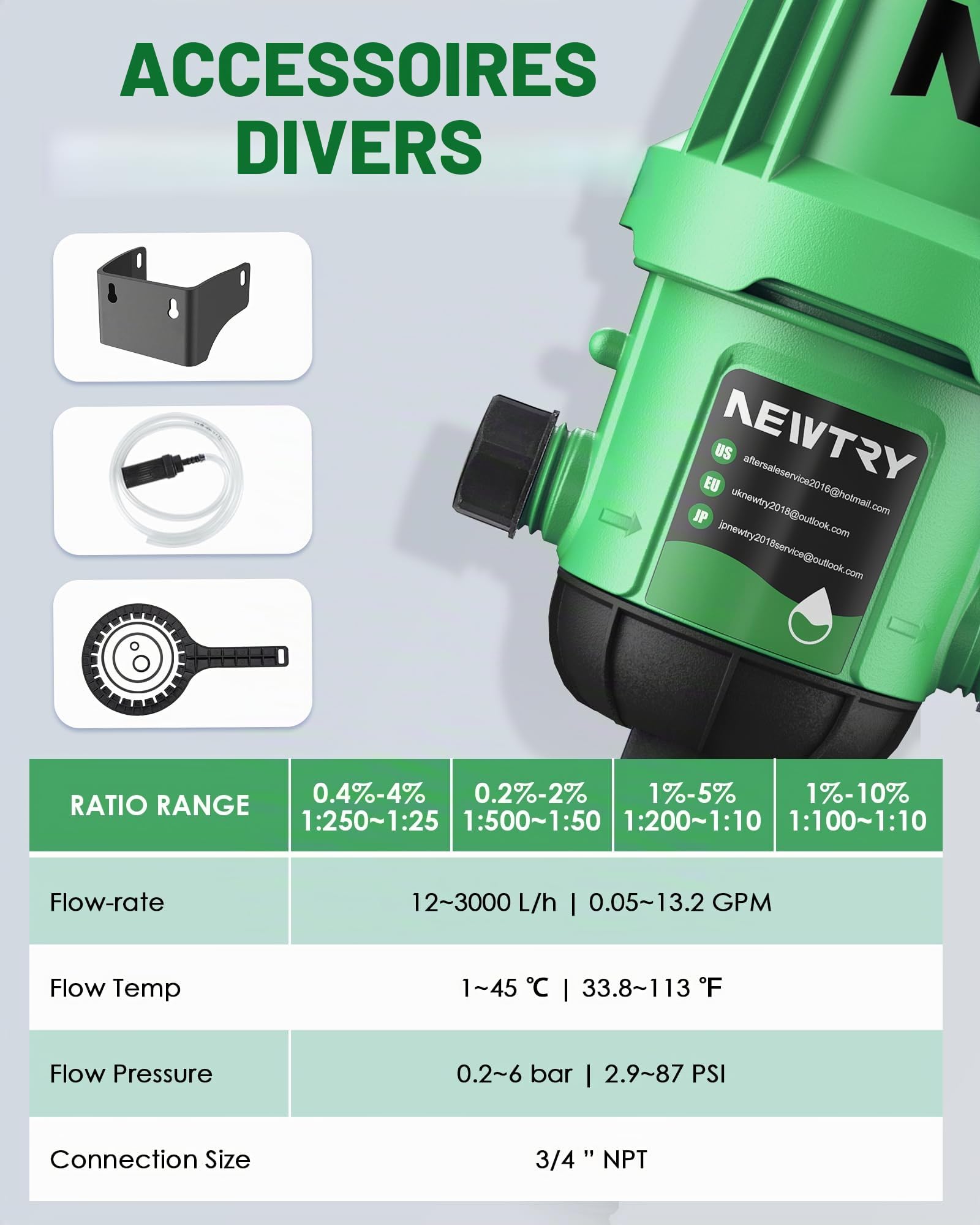 NEWTRY Pompe doseuse Injecteur d'engrais goutte à goutte, réglable de 0,2 à 2%, doseur de liquide raccord standard universel de 3/4" pour jardin, irrigation et système hydroponique, ferme