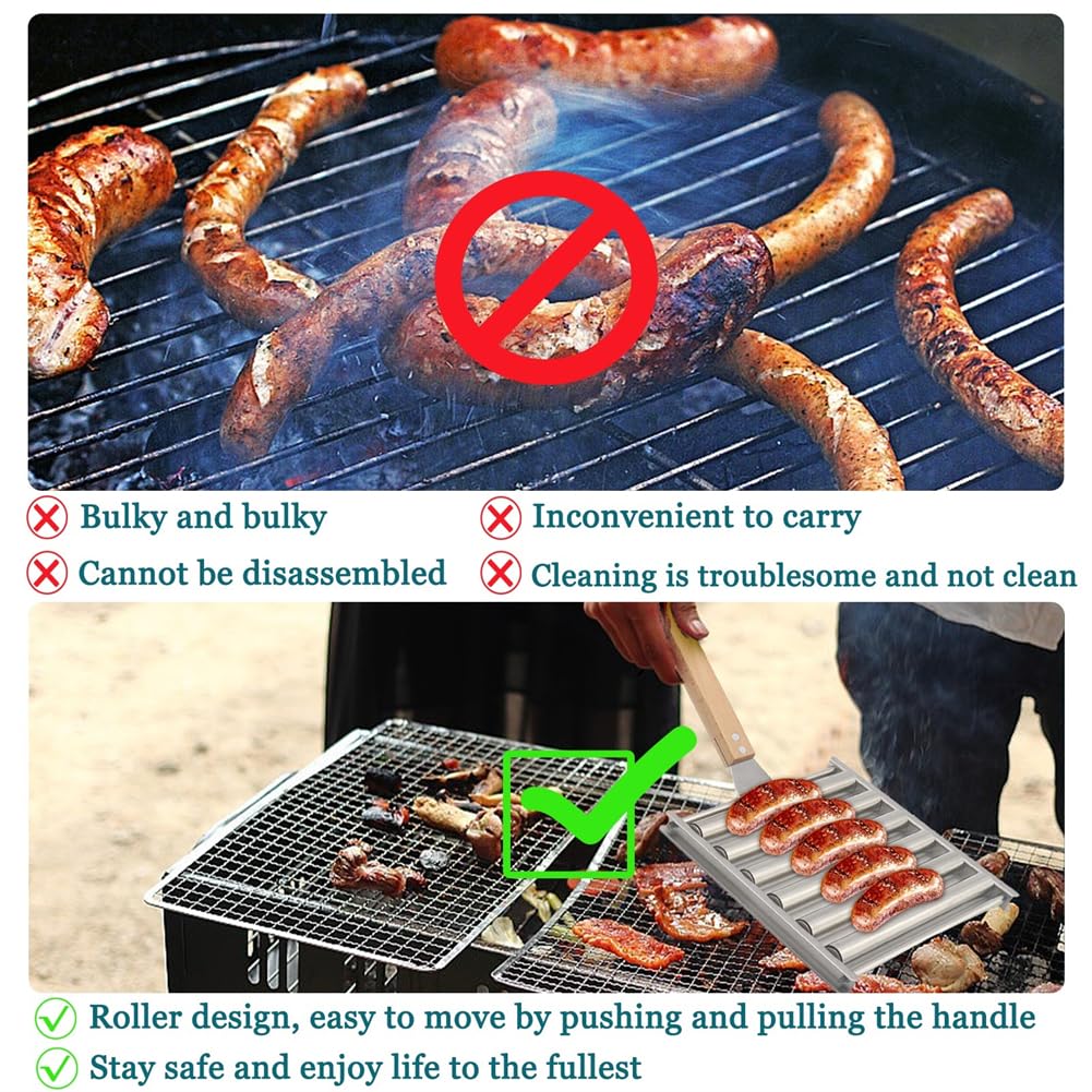 Hot Dog Roller for Grill, Stainless Steel Hot Dog Roller, Outdoor Camping BBQ Griller Roller, Evenly Cooked Hot Dogs, with 4pcs Fork for Family Gatherings, Barbecue Parties (2L+8Fork)