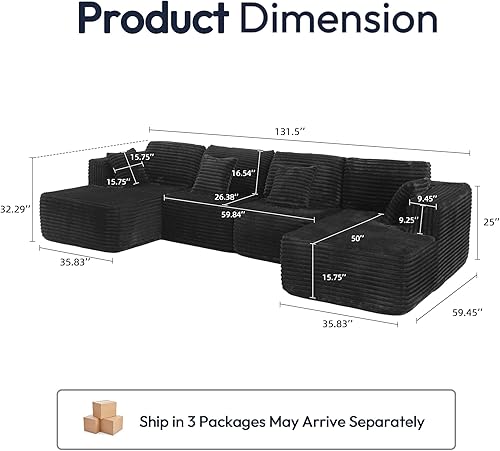 Miniatura 3 de Sofá modular de 132 pulgadas, sofá modular en forma de U con almohadas y asiento profundo, sofá de nube con diván doble, sofás sin huesos a rayas