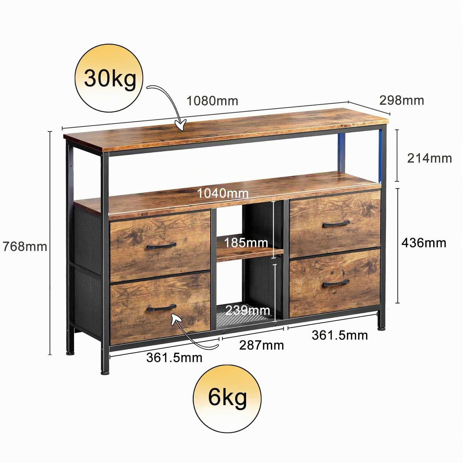 BRILVERDE Meuble TV LED 108cm avec 4 Tiroirs en Tissu PU, Banc TV Vintage, Meuble Télé avec Rangement, Buffet Multimédia pour Salon, Chambre (Rayures de Tigre, 108cm A)