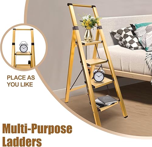 Miniatura 26 de Escalera plegable con 3 taburetes de cocina de aluminio, escaleras ligeras plegables de 330 libras con pedal ancho antideslizante, escalera portátil