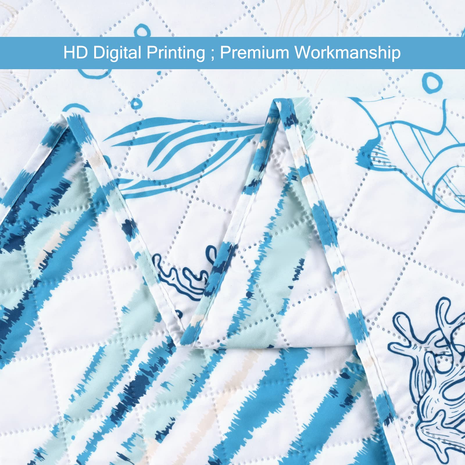 FRAMICS 3-Piece Queen Size Reversible Quilt Set Summer Quilt Lightweight Ocean Quilts Beach Bedspread Coverlet Blue Coral Conch Seashell Coastal Bedding for All Season(1 Quilt, 2 Pillow Shams)