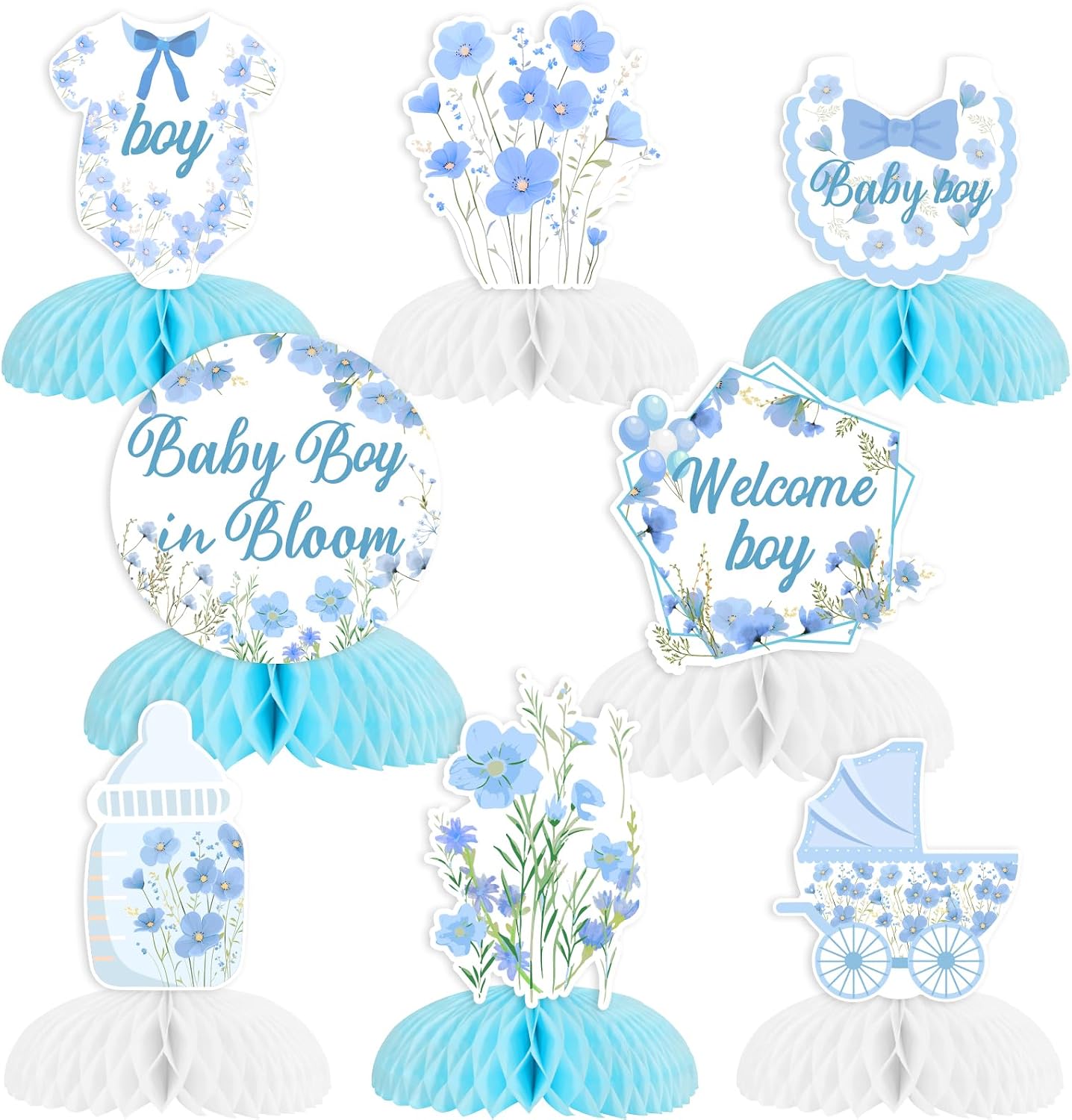 Baby Boy in Bloom Baby Shower Decorations 8pcs Baby in Bloom Honeycomb Centerpieces Boho Flower Gender Reveal Decor Blue Flower Baby Shower Table Decorations Floral Spring Baby Shower Party