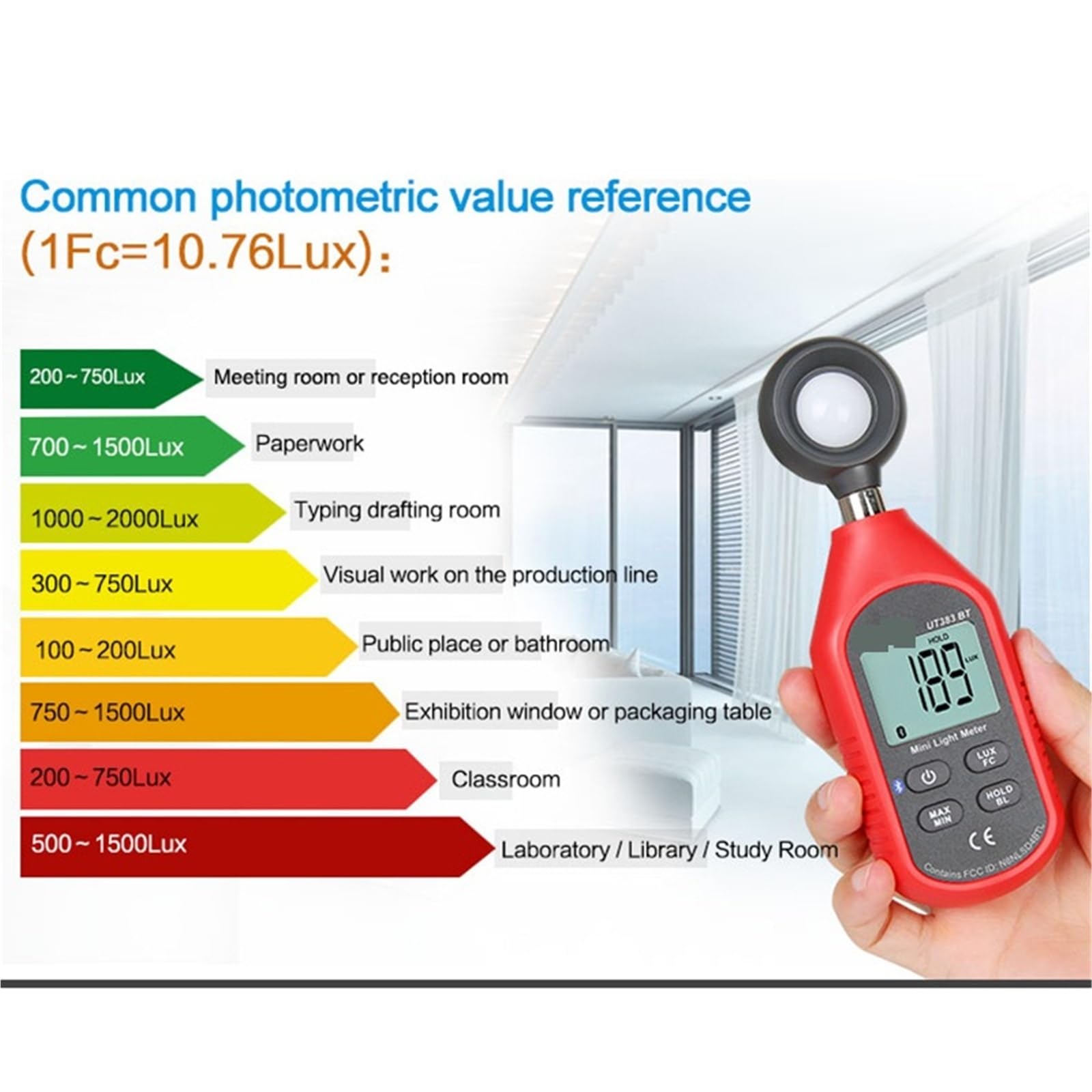 Digitaler Lichtmesser Luxometer UT383BT UT383 0~199.900 Lux Meter Fotografischer Beleuchtungsstärkemesser FC Luximetro,Vielseitiges optisches Werkzeug(UT383BT)