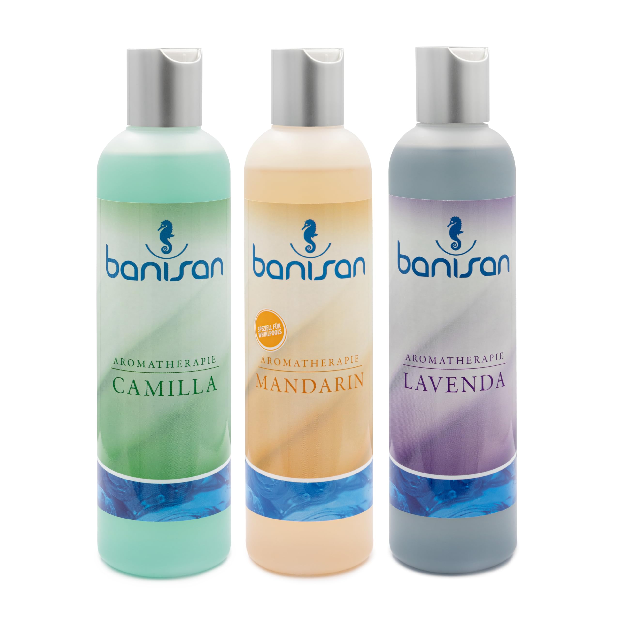 3er Set Badezusätze Lavenda, Camilla, Mandarin, Aromatherapie 3x 250 ml, ergiebig, nicht schäumende Rezeptur, speziell für Whirlpools, perfektes Geschenk zu jedem Anlass, verwöhnt die Sinne