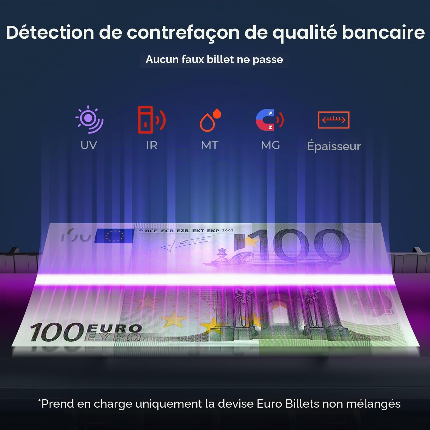 MUNBYN IMC51 Machine à compter l'argent, Compteur de billets en mode ajout+lot, Détection UV/MG/IR, Compteur de billets en EUR uniquement, 1100 billets/min, Affichage LCD, 2 ans de garantie (Gris)