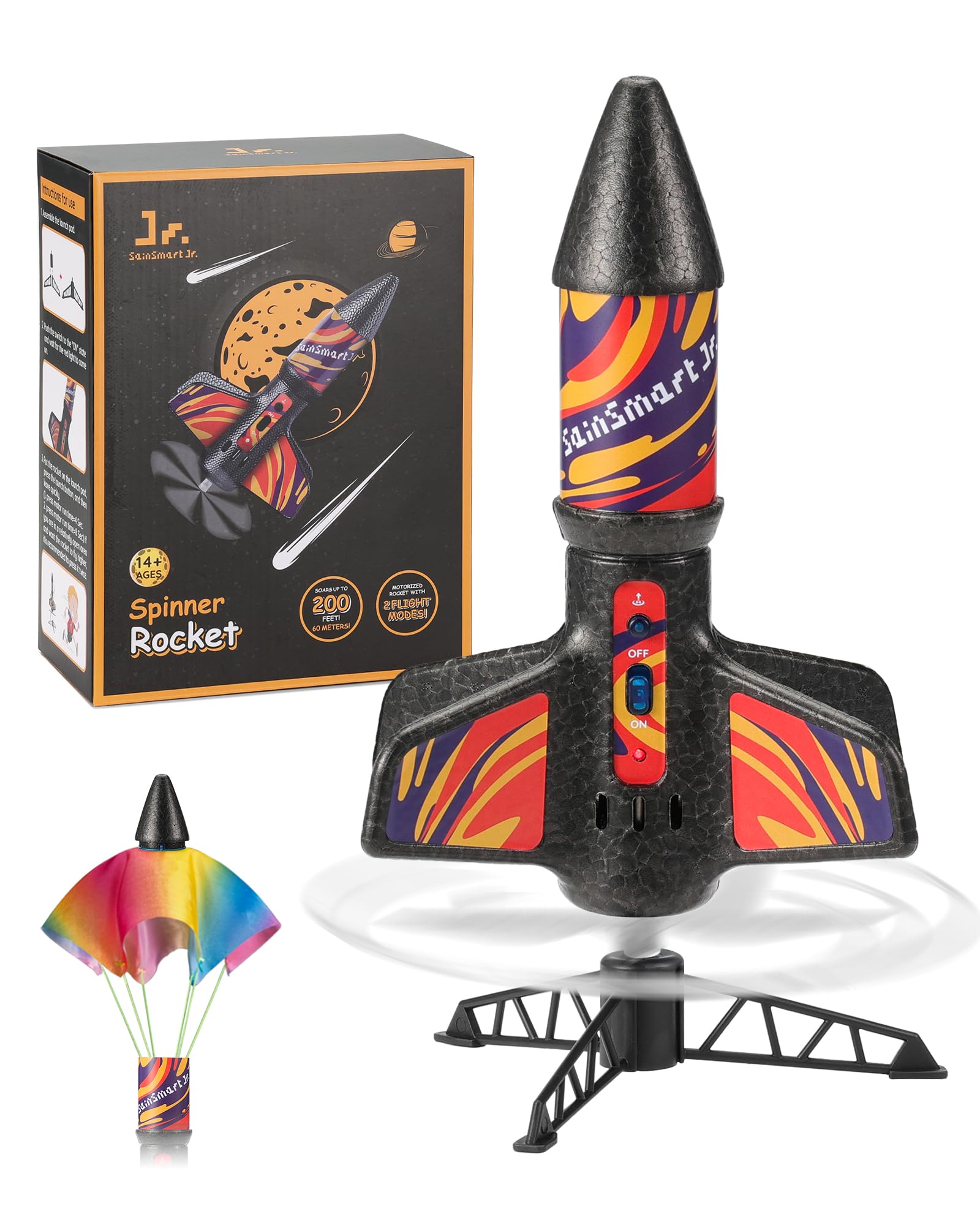 SainSmart Jr. Rocket Launcher for Kids, 200 Feet of Flight Altitude, Motorized Air Rocket with Parachute, Self-Launching Outdoor Toy with Safely Land (flame)