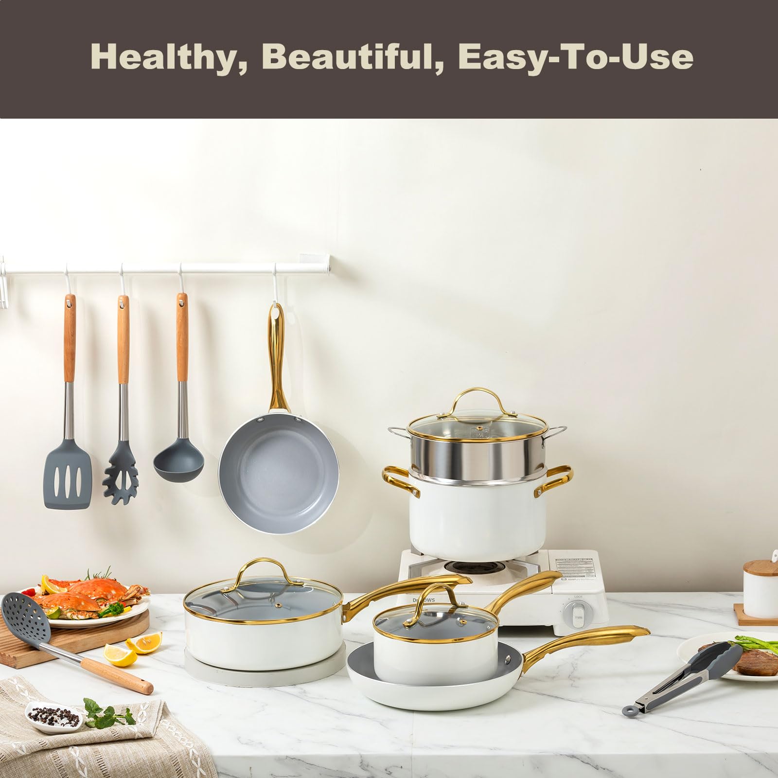 Set di pentole e padelle in ceramica, con coperchio, antiaderenti (senza PFAS, PFOA), cucina, a induzione, utilizzabile in forno, lavastoviglie, beige/bianco oro (crema, grigio, oro)