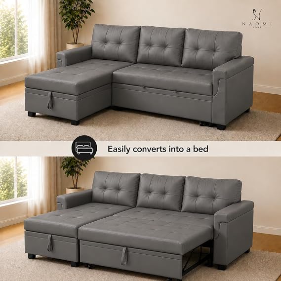 Naomi Home L Shaped Sectional Couch with Storage & Pull Out Bed 3-in-1 Convertible Sleeper Sofa Bed, Small L Shape Sofa for Living Room, Sofa Bed with Storage Chaise in Gray, Air Leather