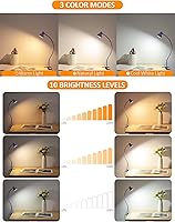 Vista 2 de Clip on Lamp USB Reading Light, 3 Color Modes, 10 Brightness Dimmable, Flexible Gooseneck Desk Lamp with Clamp, Eye Care Clip on Light for Bed