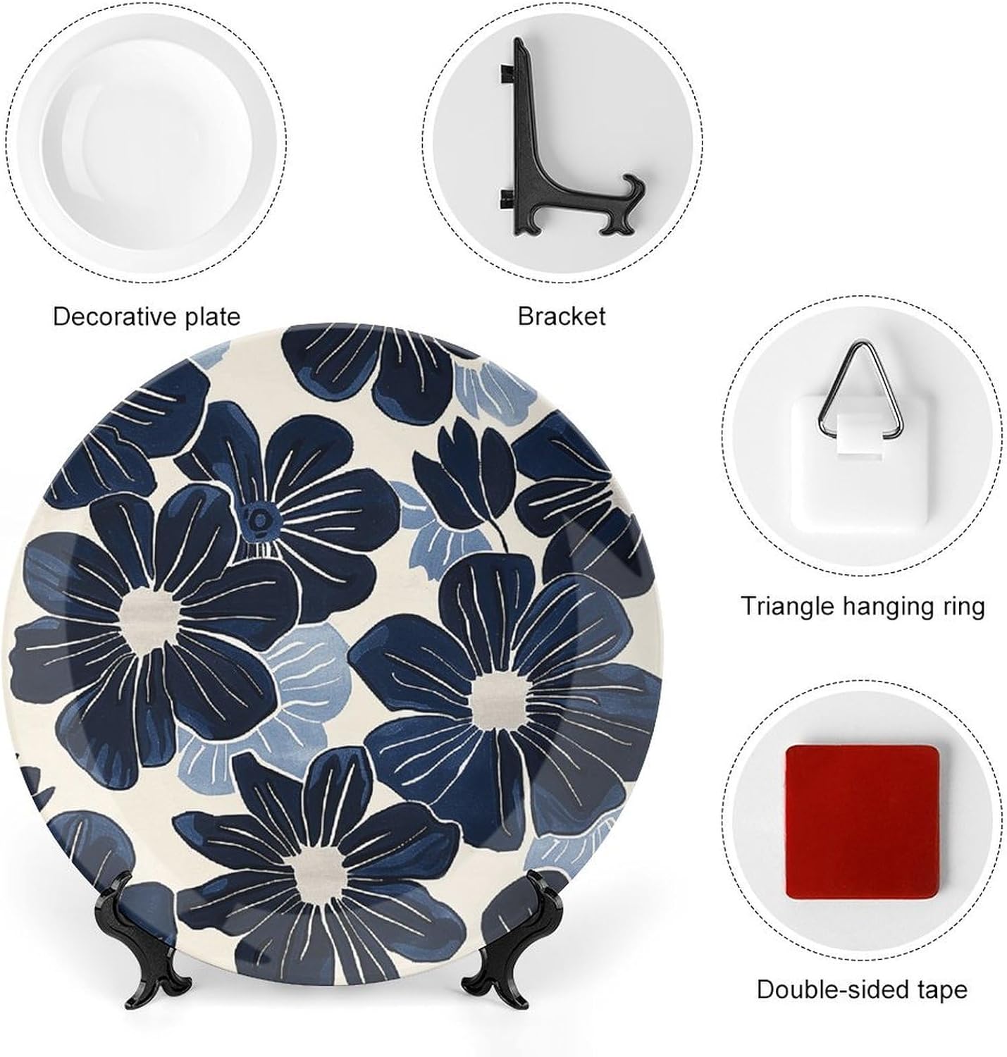 Bone China Decorative Plates Navy Blue Flowers Ceramic Decorative Plate Wall Decor with Display Stand Ceramic Ornaments for Wall Hanging Decoration