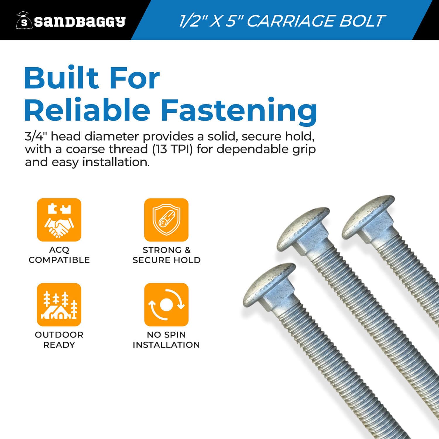 Sandbaggy 1/2” x 5” Galvanized Carriage Bolts for Wood - Round Head - ACQ Approved, Compatible with Pressure Treated Wood (350, 1/2” x 5” (Galvanized))