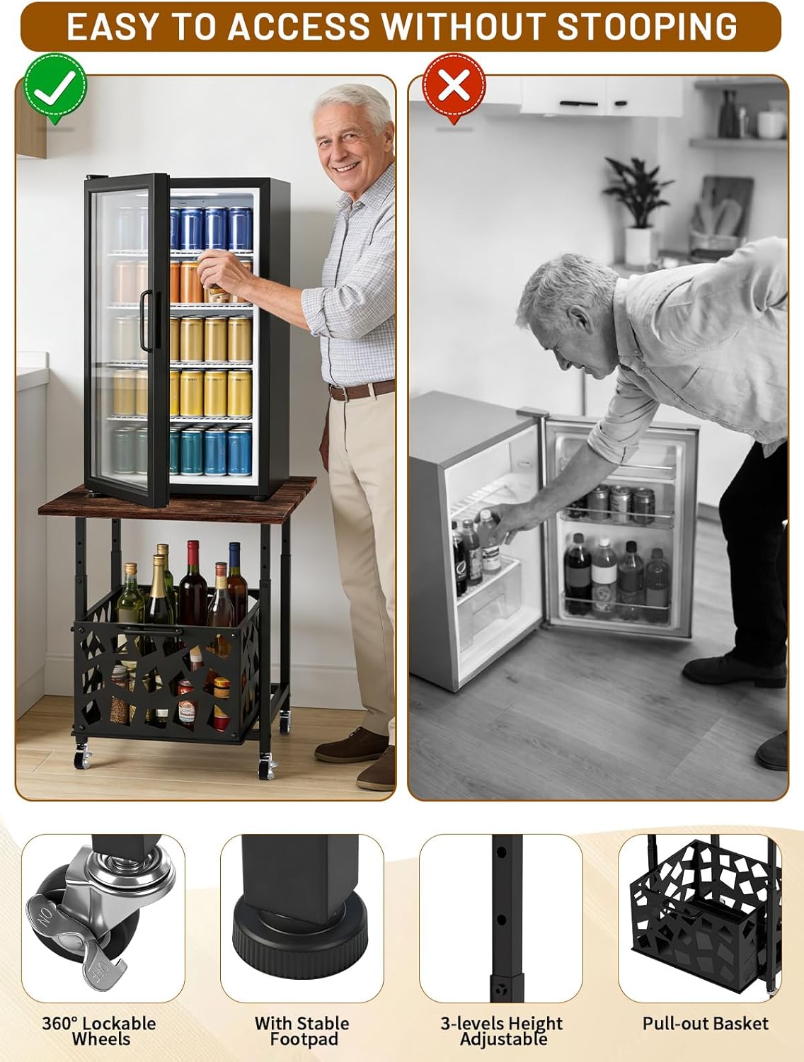 Mini Fridge Stand with Storage Basket 19.7", Beverage Refrigerator Stand with Wheels, Adjustable Height Mini Fridge Cabinet, Heavy Duty Fridge Table for Dorm, Office, Apartment, Kitchen (Brown)