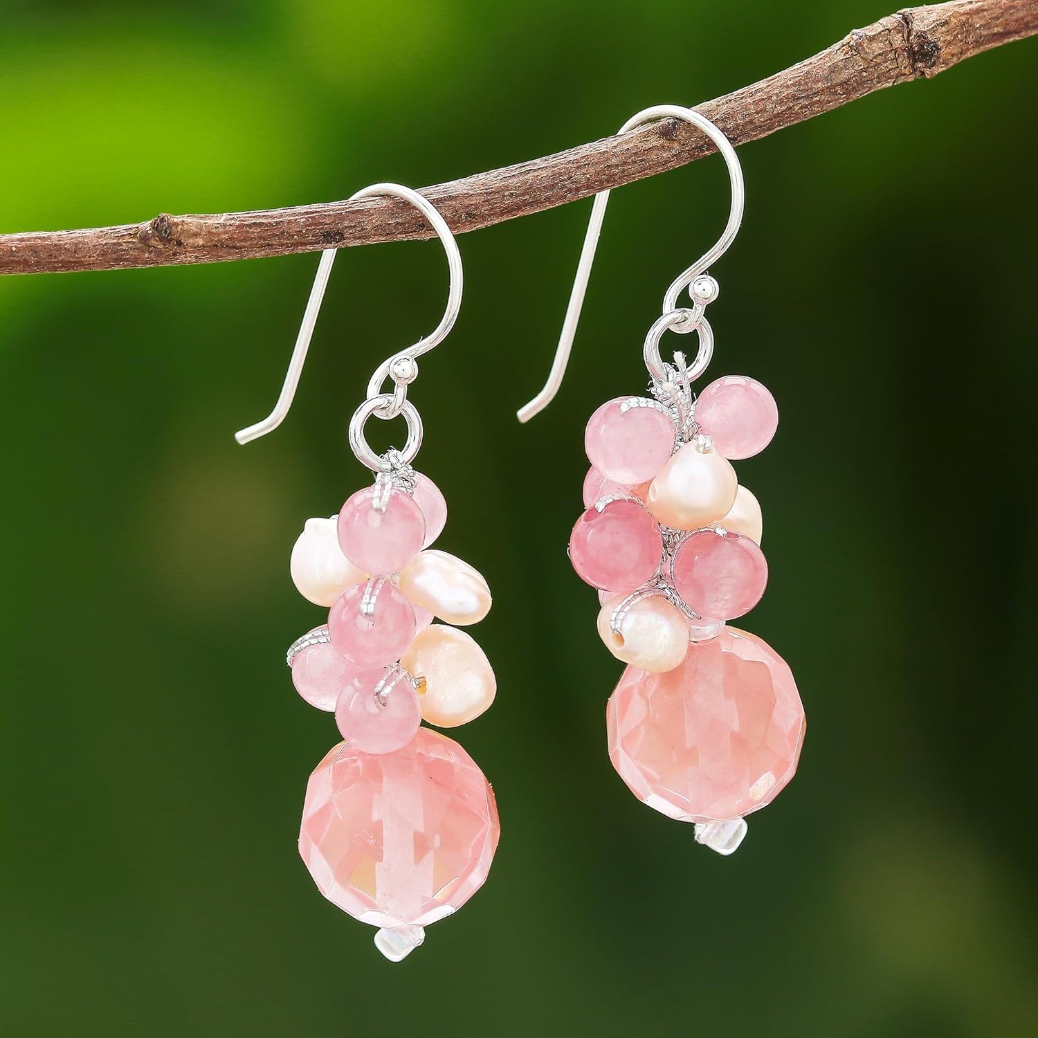NOVICA Artisan Handmade Quartz Cultured Pearl Beaded Dangle Earrings Pink Freshwater Cluster Thailand Gemstone Birthstone [1.6 in L x 0.4 in W] ' Soft Pink Love'