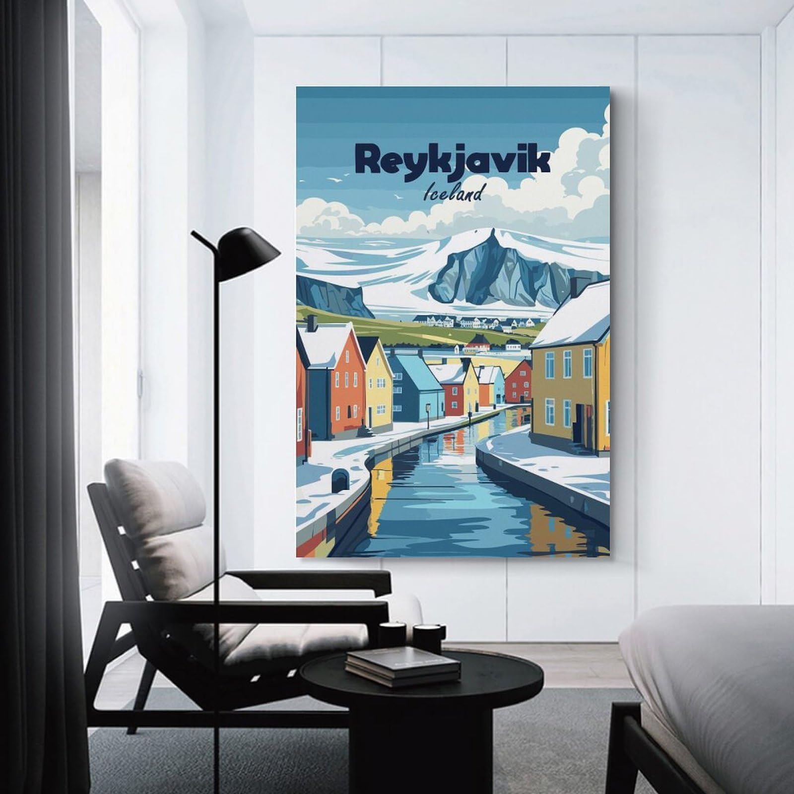 Junmoney Wall Picture Print Reykjavik Iceland Winter Landscape Illustration, 16x24inch(40x60cm), for Entrance Walls, Hall Decor Or Foyers, A Neat Decor Update for Hallways