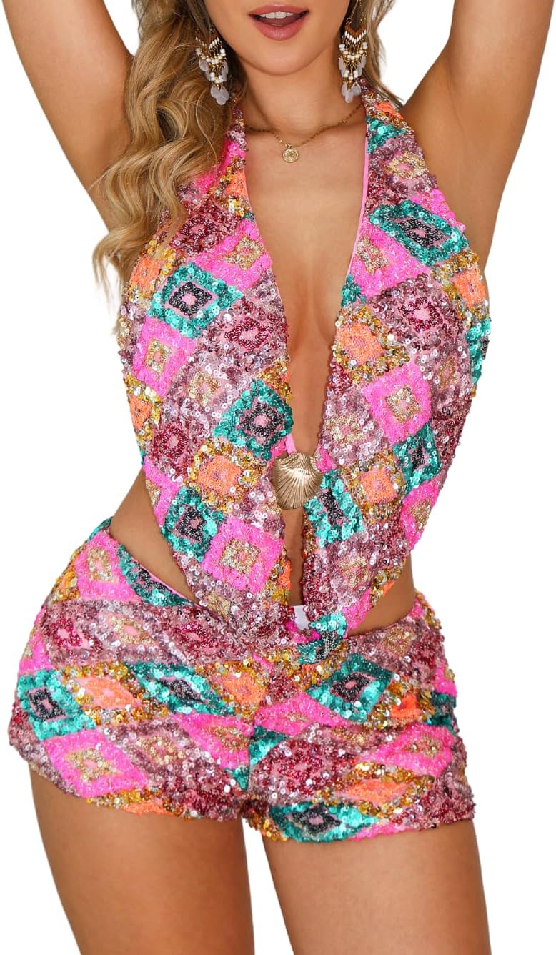 ChiaoLezhee Women's Glamorous Sequin Shorts Set, Sexy Plunge Halter Top with Booty Shorts 2 Piece Set for Club Festival