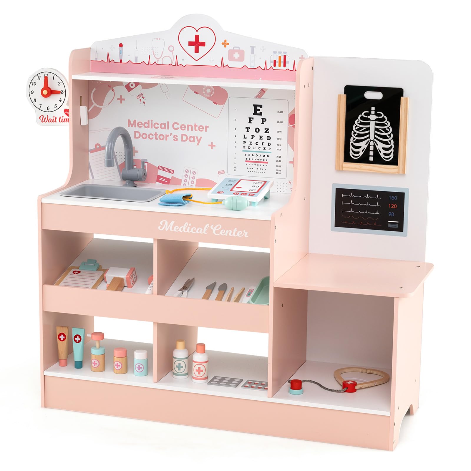 COSTWAY Set da Gioco Dottore in Legno, Centro Medico per Bambini con Orologio, Lavandino, Tabella Oculistica, Monitor ECG, Area Esame e 24 Accessori Giocattolo, 97 × 30,5 × 88 cm (Rosa)