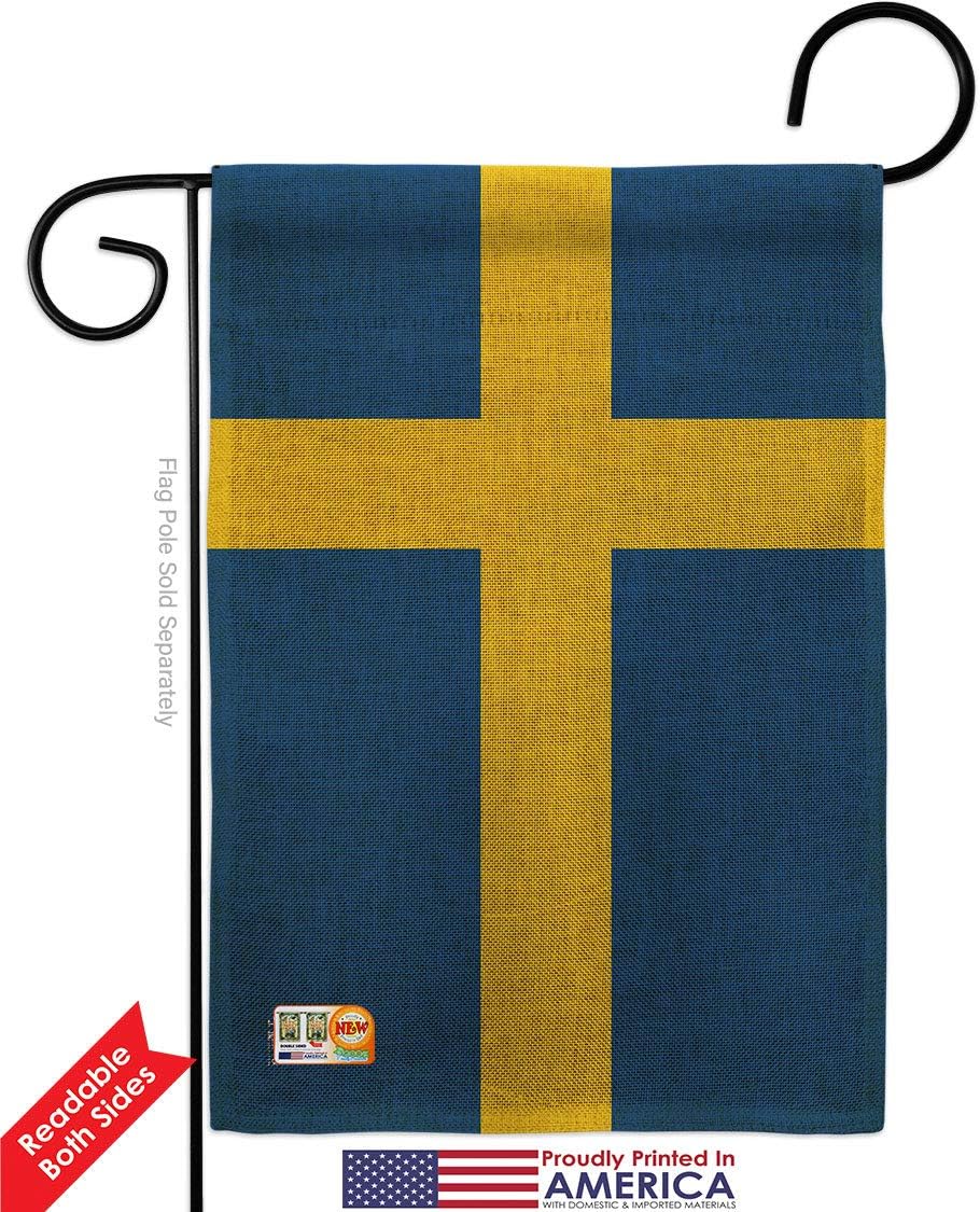 Sweden Burlap Garden Flag Set Wood Dowel Regional Nationality Nation International World Country Particular Area Small Decorative Gift Yard House Banner Double-Sided Made In USA 13 X 18.5