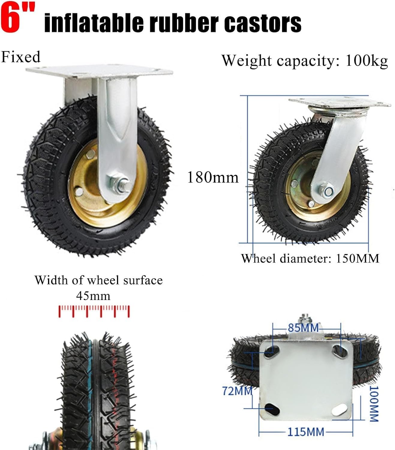 High-Performance Guma koła skrętne z Pneumatyczny Air Koła - 6"/8"/10" Do dużych obciążeń kółka meblowe, 900 lbs nośność(Stały,150mm/6in)