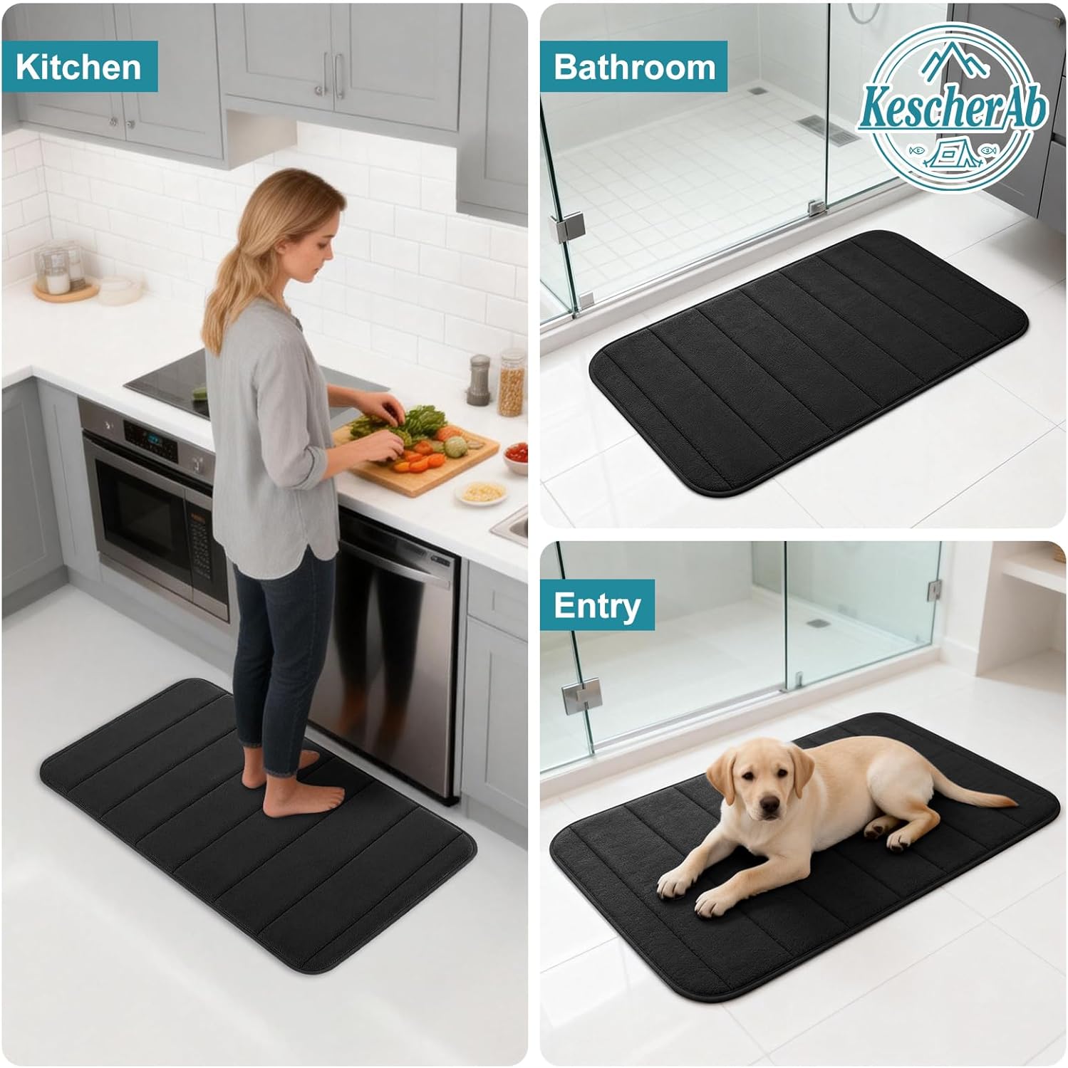 Bathroom Rugs Sets 3 Pieces Thicker Memory Foam Bath Mat with Non Slip Backing, Machine Wash, Dries Quickly, Ultra Soft Black Bath Carpet with Toilet Rug for Bathroom,Kitchen,Tub