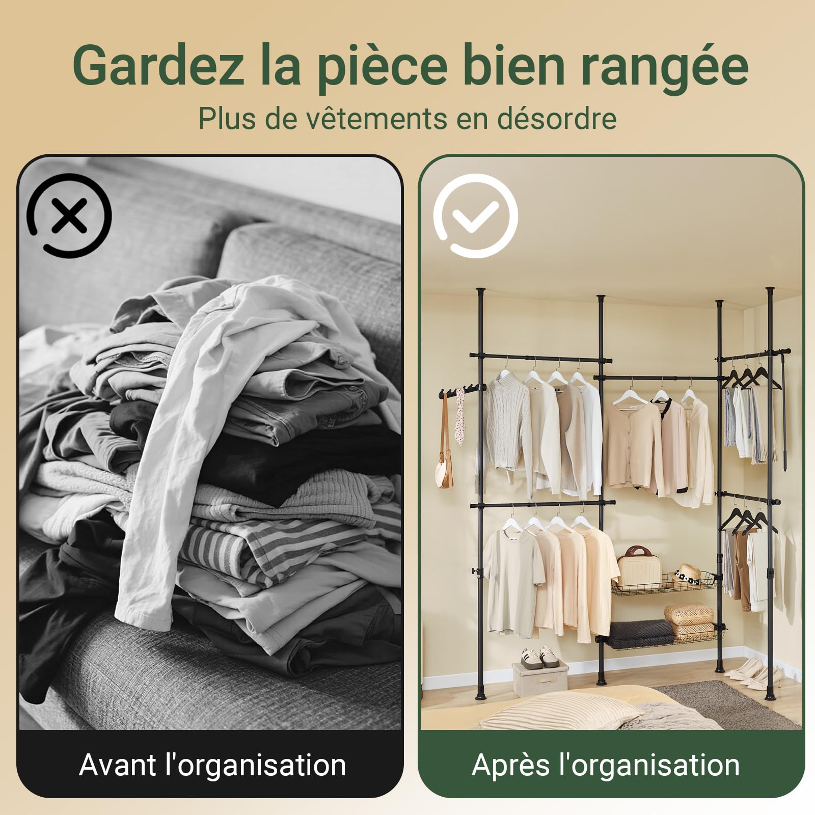SoBuy Portant à Vêtements Télescopique avec tringles étagères | Penderie ouverte réglable pour chambre et dressing, rangement pratique Noir KLS04-II-SCH
