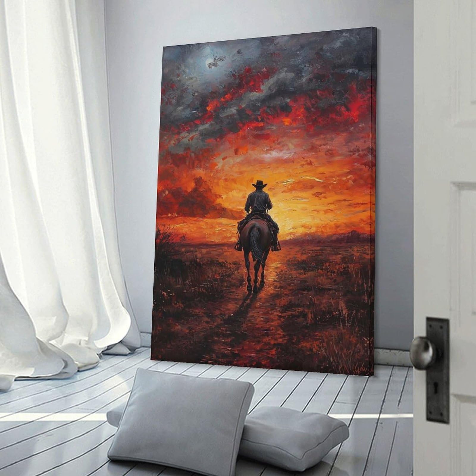 Junmoney Frame-Style-14 Canvas Art Print Cowboy Riding Into Sunset, 16X24inch(40X60cm), For Contemporary Homes, Apartments Or Offices, Decorative Canvas Decor For Home Updates