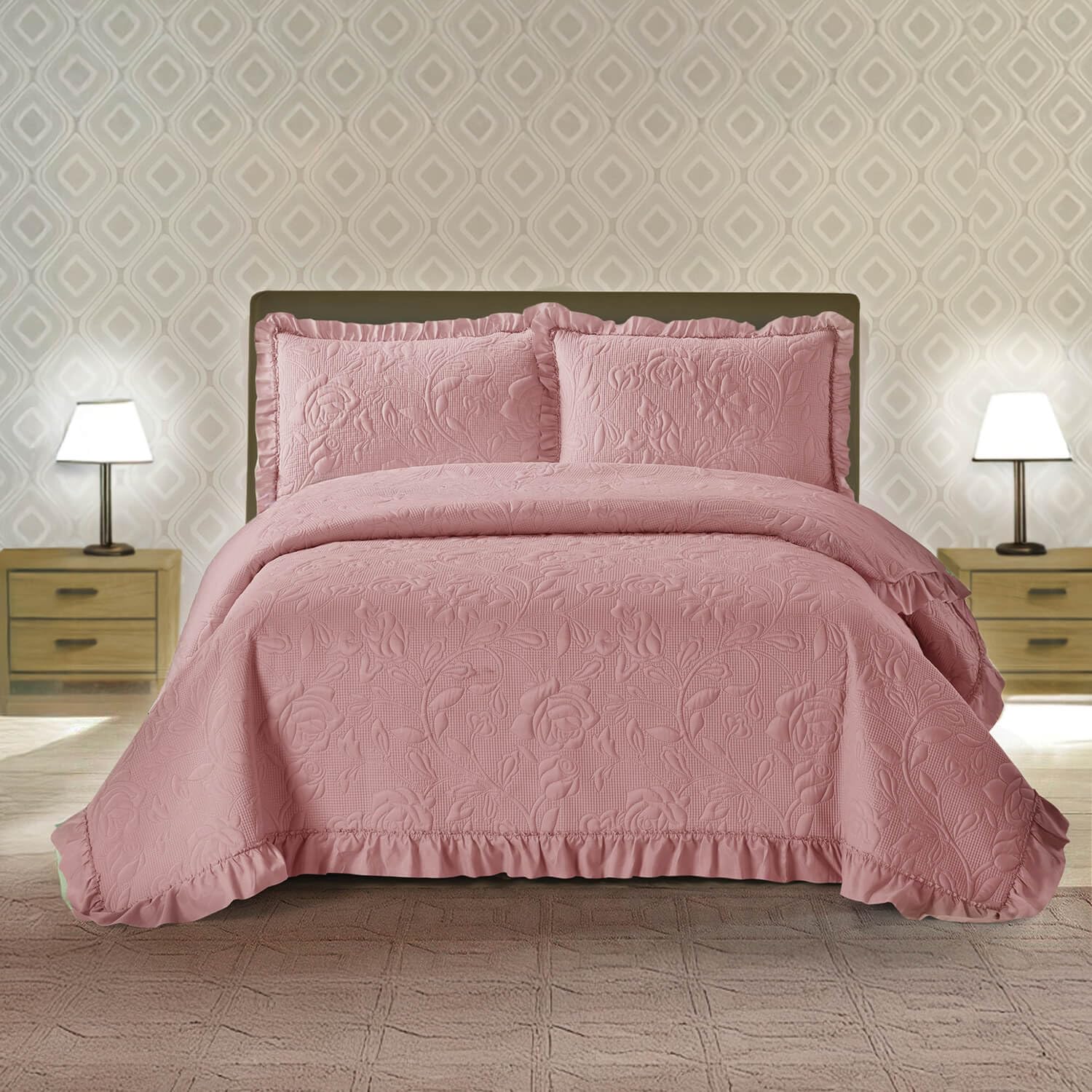 Coopers Of Stortford Pink - Pinsonic Matelassé Bedspread - Lightweight, Wrinkle-Resistant Quilt With Elegant Rose Pattern, Supplied With Pillow Shams