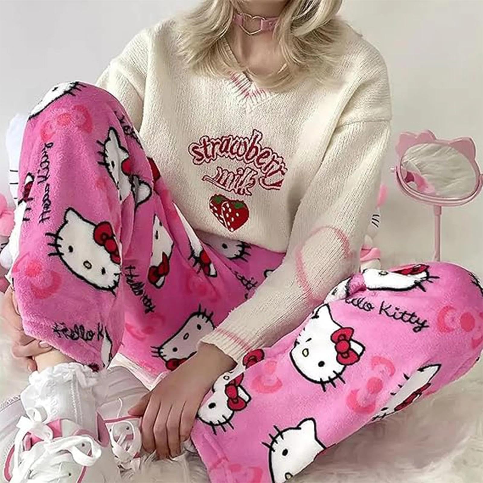 Pantalones de pijama para mujer, pantalones largos de pijama de anime, pantalones largos de franela, dibujos animados kawaii, mullidos y cálidos, pantalones de salón Y2K para mujer, otoño e invierno