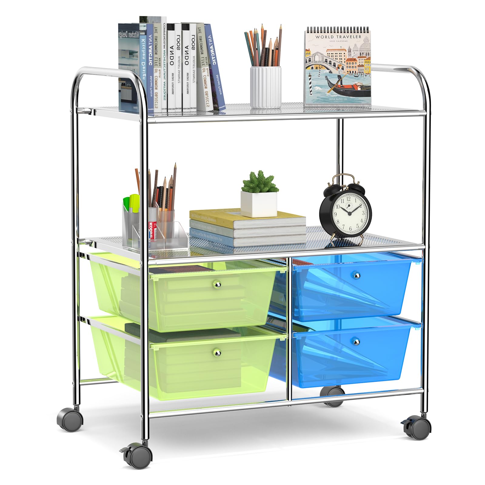 GIANTEX Carro con 4 cajones apilable, con 2 estantes y estructura de metal, carrito de baño con ruedas bloqueables, 63,5 x 37 x 75 cm