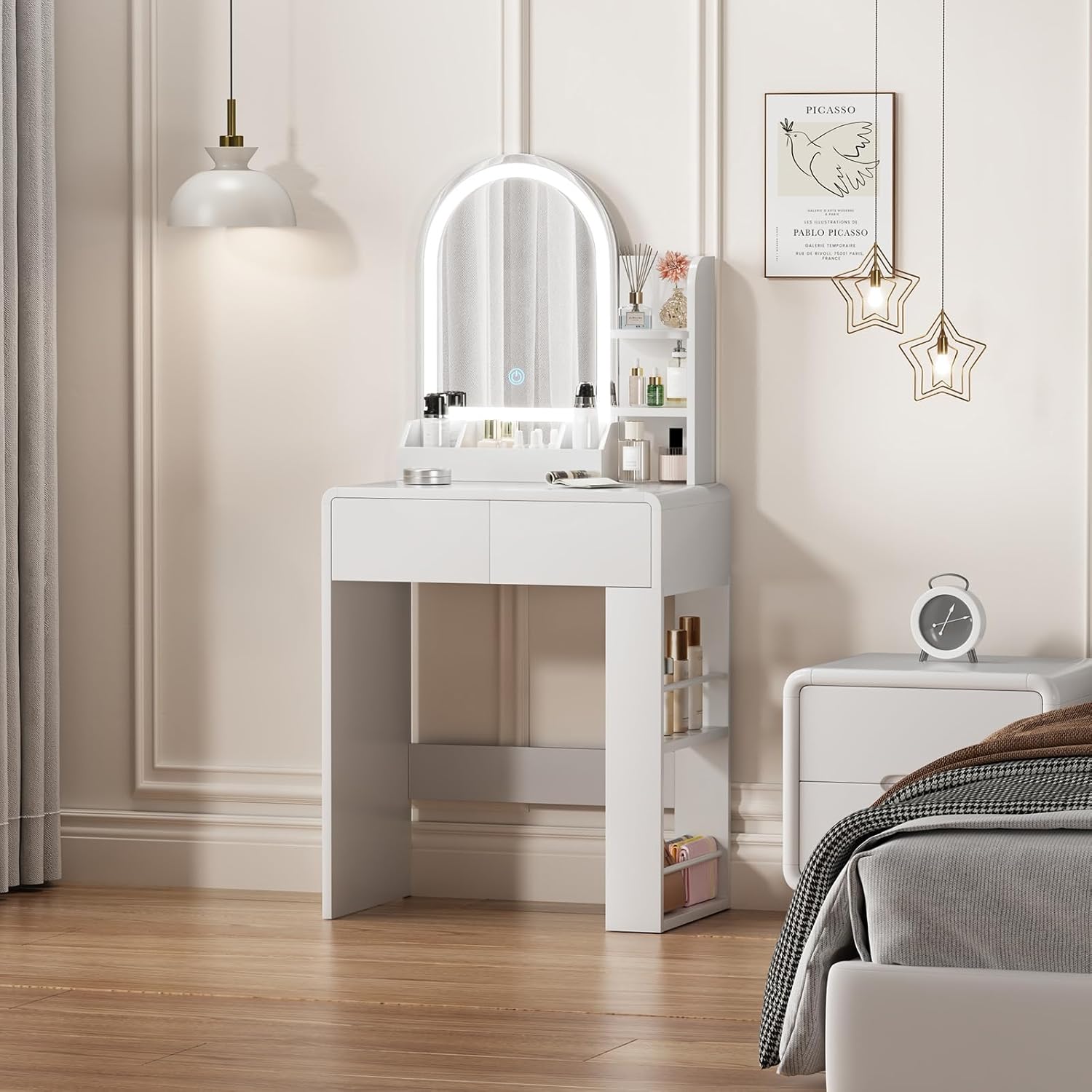 Vanity, Small Vanity Desk with Mirror and Lights, Side Shelf Storage Space, Compact Girls Dressing Table in Bedroom, Modern Round Curved Design, White
