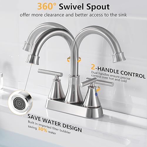 Miniatura 2 de Grifo de lavabo de baño de 4 pulgadas, 2 manijas centrales, níquel cepillado, sin plomo, moderno, grifo de tocador con tapón de drenaje emergente y