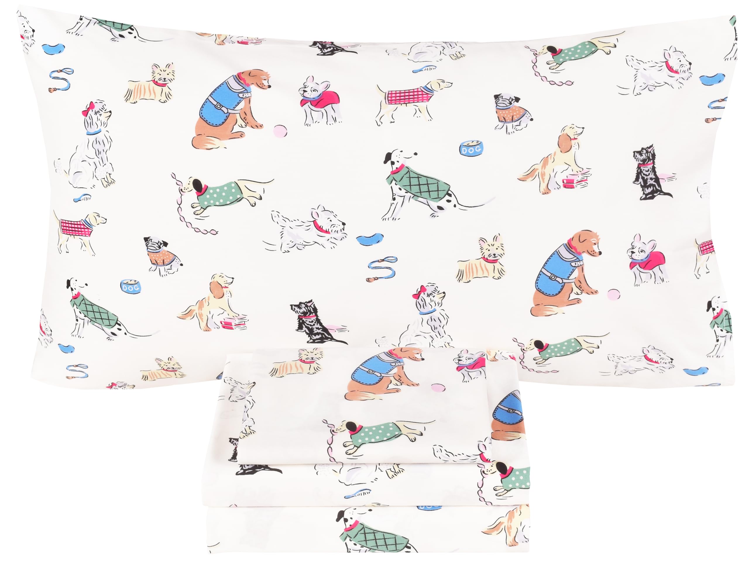 Scientific Sleep Puppy Dog 100% Cotton 4 Pcs Full Bed Sheet Set Kids Toddler Teen, Flat Sheet &amp; Fitted Sheet &amp; Pillowcase Girls Boys Bedding Set (Full, Dogs)