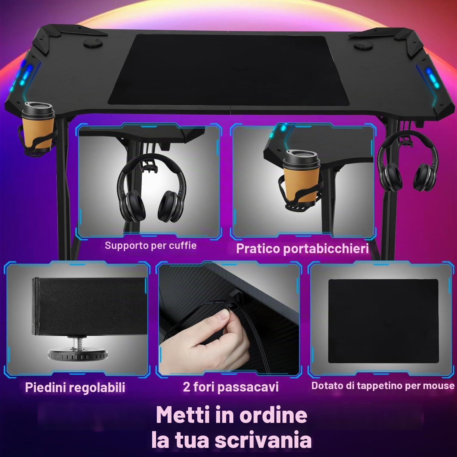 Scrivania Gaming LED 140 x 60cm, Tavolo Gaming Ergonomica, Postazione Gamer con Superficie in Fibra di Carbonio, Scrivania per Computer con Porta Tazza e Gancio per Cuffie, Nero
