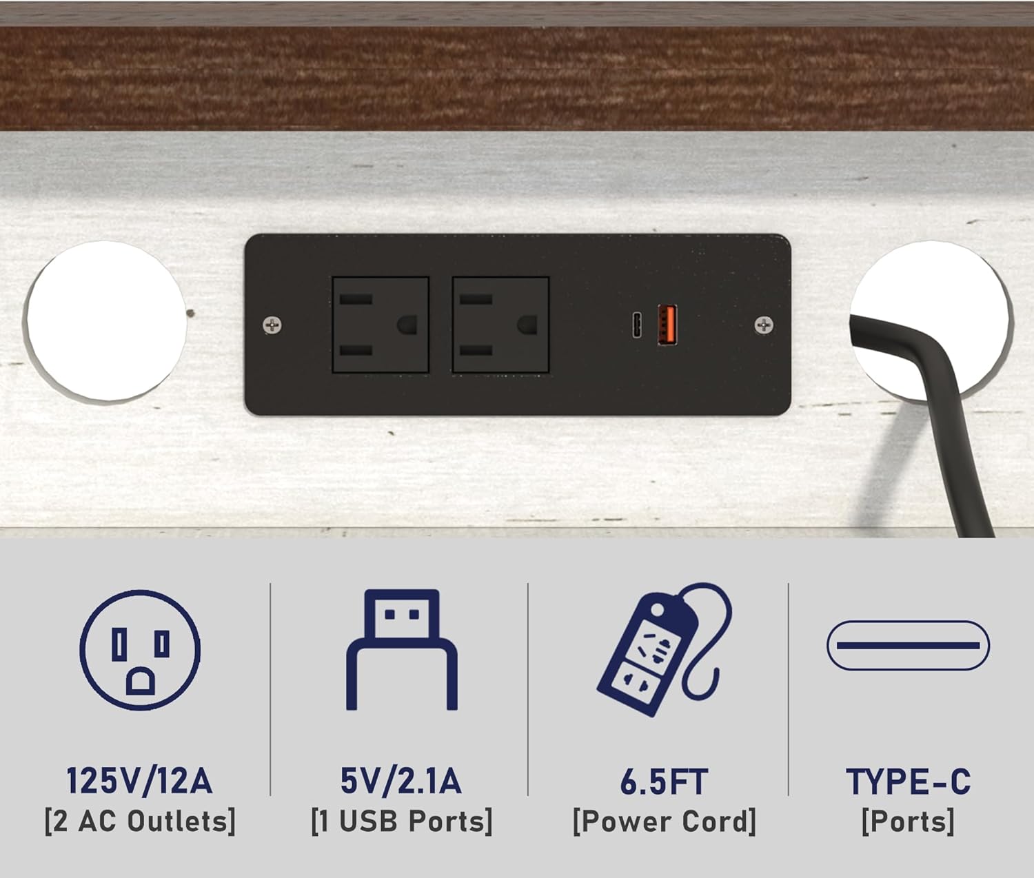 Multifunctional power outlets with 2 AC jacks and 1 USB port on the TV stand