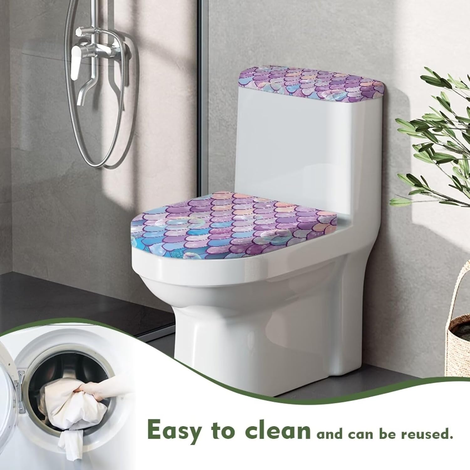Colorful Mermaid Scales Toilet Lid Tank Lid Dust Cover Soft Plush Toilet Covers with Elastic Edge Fits Most Toilet Tanks & Lids for Bathroom Decor