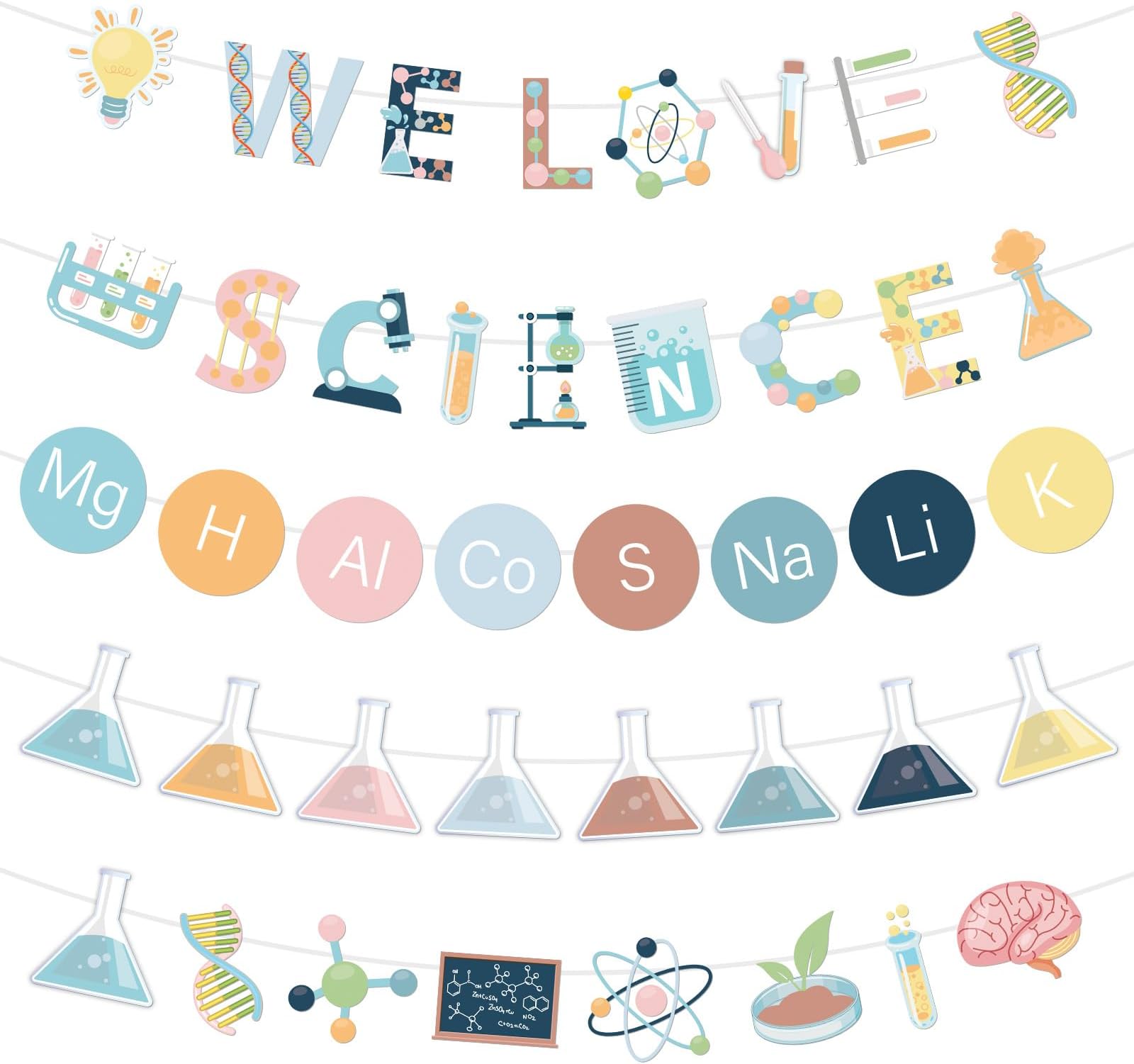 FYSUIMU 8.2 Ft Science Banners Back to School Boho Chemistry Lab Pre-Strung Garland Banner We Love Science Hanging Ornament for First Day of School Classroom Home Scientist Birthday Party Decor, 5 Pcs