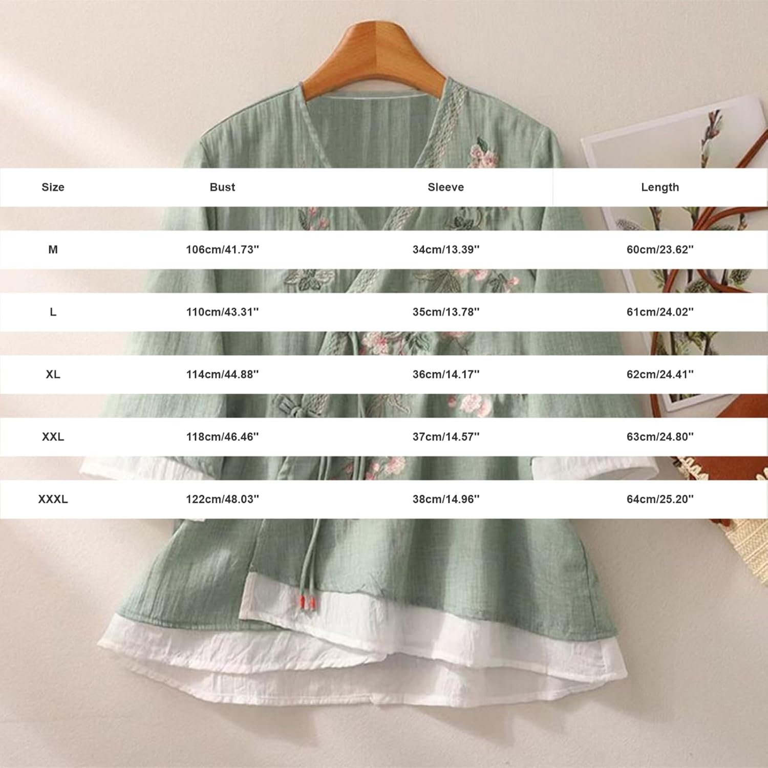 Embroidered Tops for Women Cotton Linen Casual 3/4 Sleeve Chinese Frog Button Wrap Shirts Peasant Gauze Boho Blouses