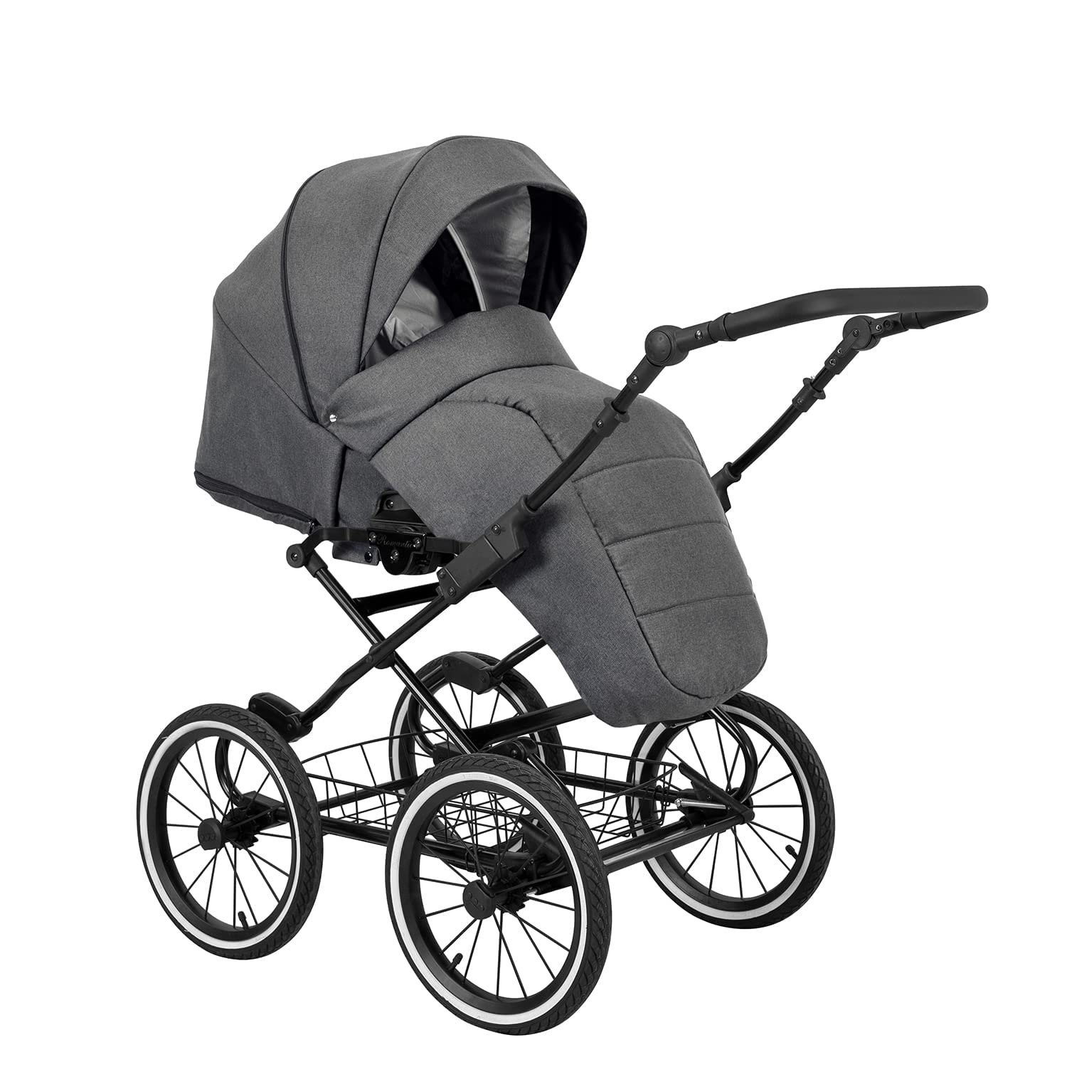 KUNERT Kinderwagen ROMANTIC retro Sportwagen Babywagen Autositz Babyschale Komplettset Kinder Wagen Set 2 in 1 und 3 in 1 (grau- schwarz rahmen, 2in1)