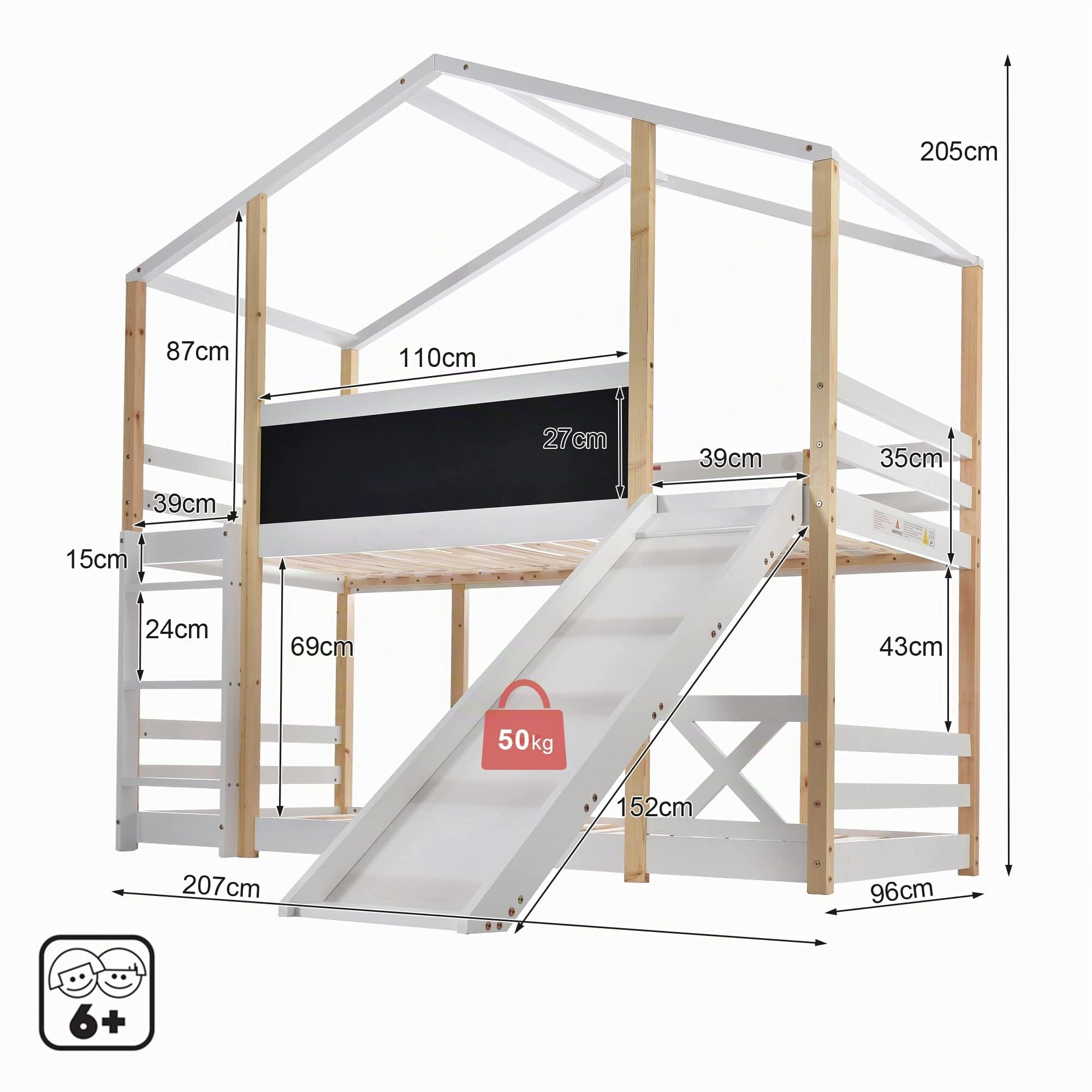 Dolamaní Cama de casa con tobogán y escalera, cama alta de 90 x 200 cm, litera con tobogán y escalera, cama alta para niños, 2 somieres, color natural y blanco