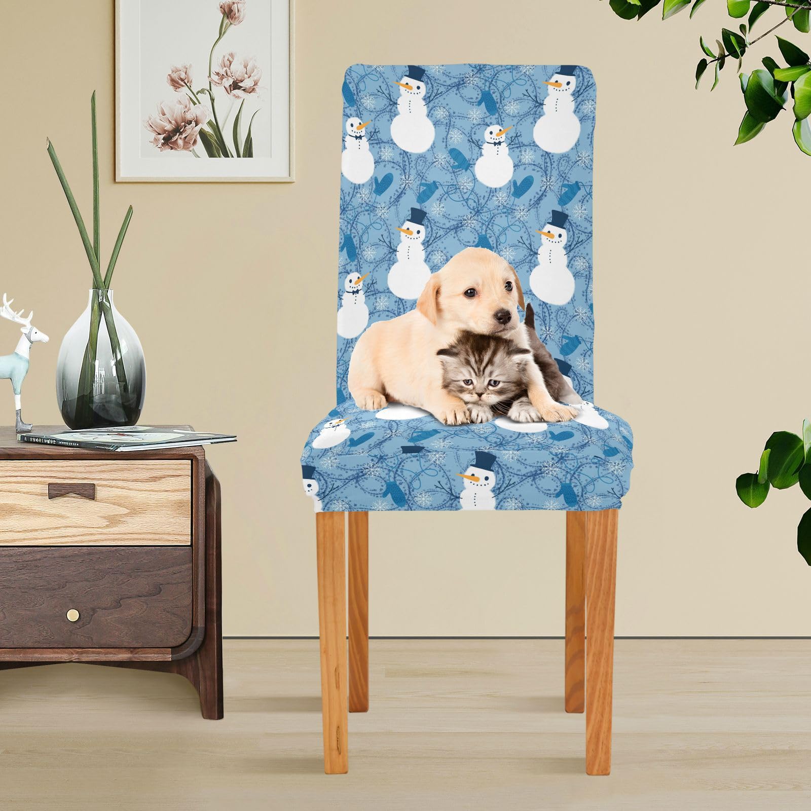 Set Di 4 Coprisedie Elastici Con Pupazzo Di Neve E Fiocchi Di Neve | Decorazione Natalizia Per Sedie Da Pranzo | Rosa Inverno
