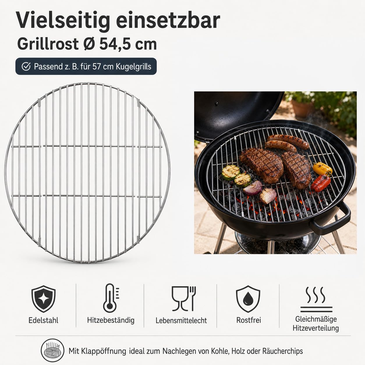 Ruszt do grillowania, stal nierdzewna, składany, nierdzewny, firmy Brandsseller, okrągły, Ø 54,5 cm, do Weber 57 cm, z klapą