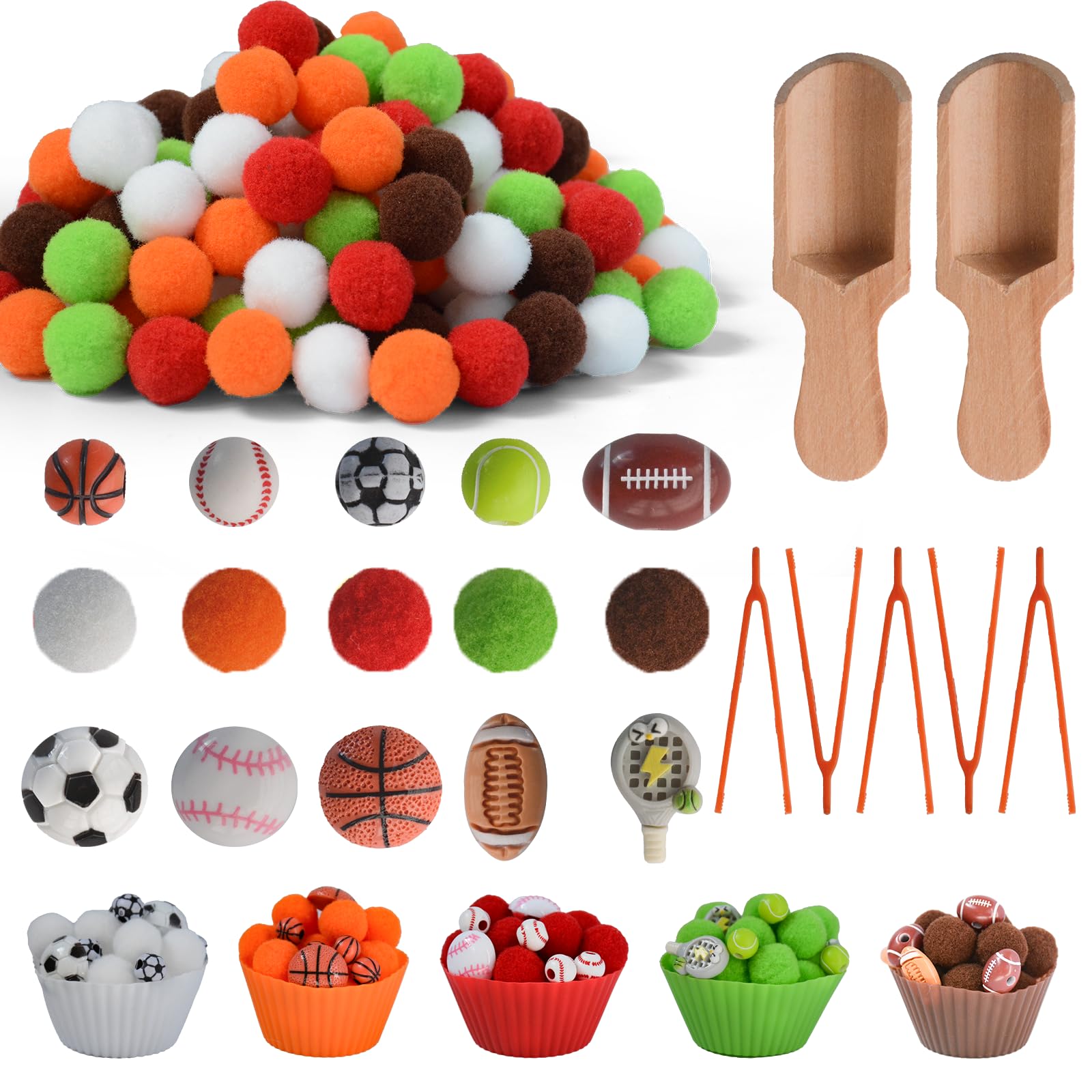 242pcs Sports Balls Sensory Bin Filler Fine Motor Toys Ball Sensory Bin Items Easter Soccer Baseball Basketball Football Tennis Sensory Bin Items Pom Poms for Color Counting Sorting