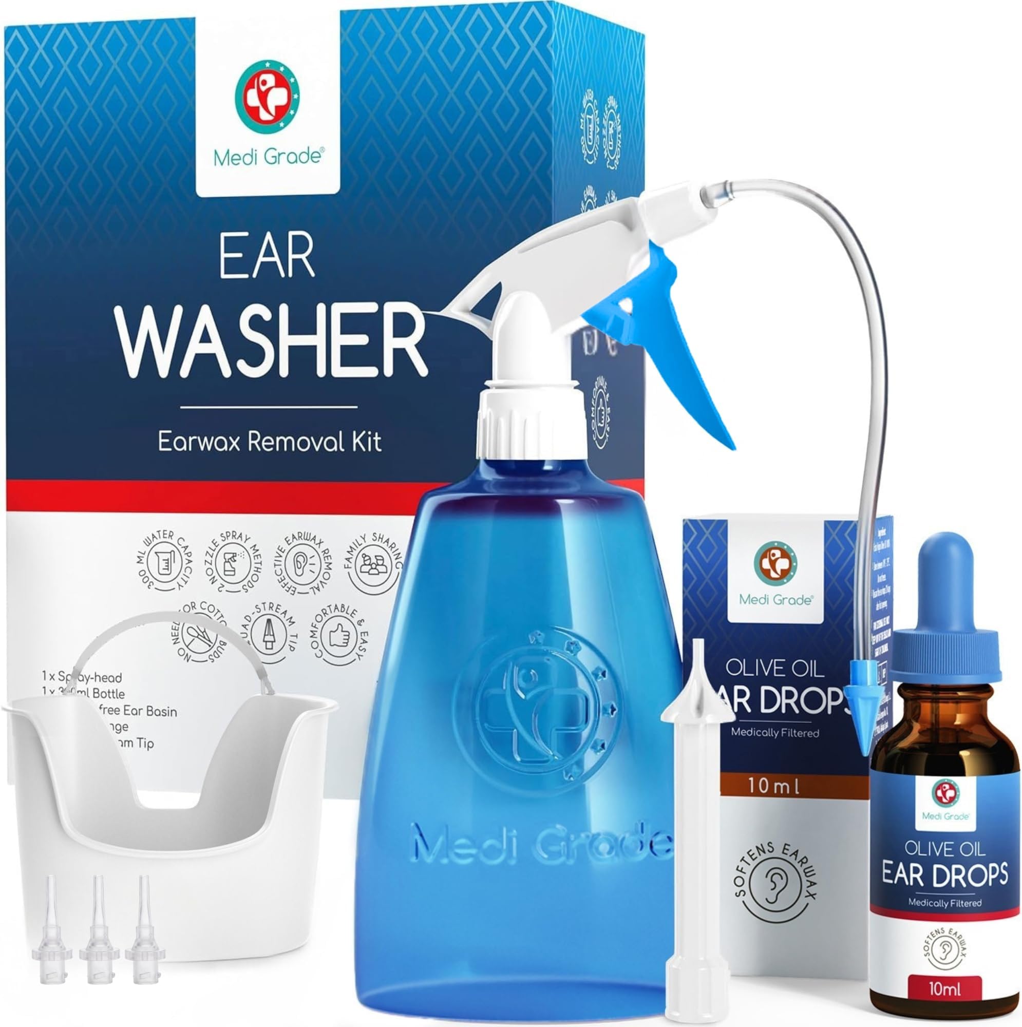 Medi Grade All-in-One Ear Wax Removal Kit with Large Capacity Bottle 300ml and Olive Oil Ear Drops 10ml - Safe Home Ear Cleaner - Reusable Ear Cleaning Kit with 2 Nozzles, 5 Tips & Ear Basin