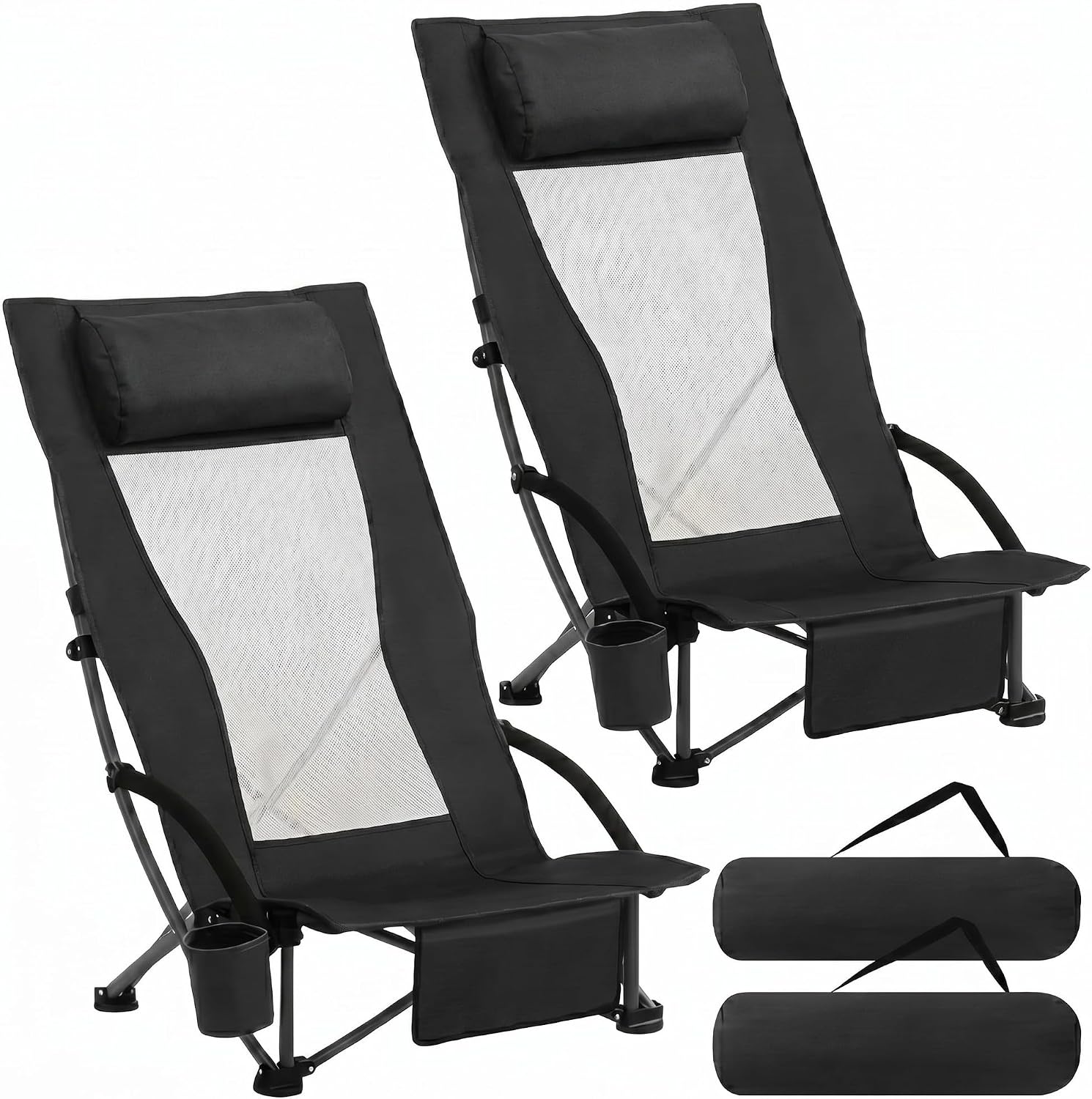 Spiareal 2 Pack High Back Chair for Adults with Headrest Cup Holder Carry Bag Portable Backpack Folding Beach Chair 300lbs Heavy Duty Lightweight High Back for Picnic Camping Fishing(Blue)