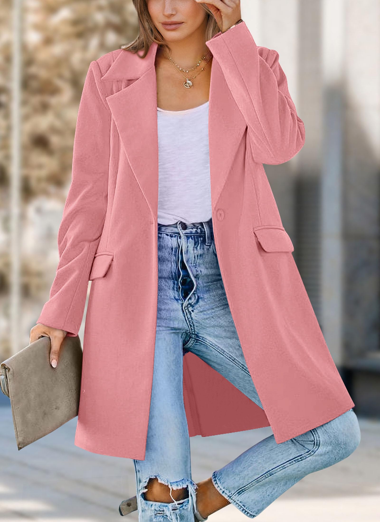 PRETTYGARDEN Women's Business Casual Long Blazer Jackets(Dusty Pink,M) view 8
