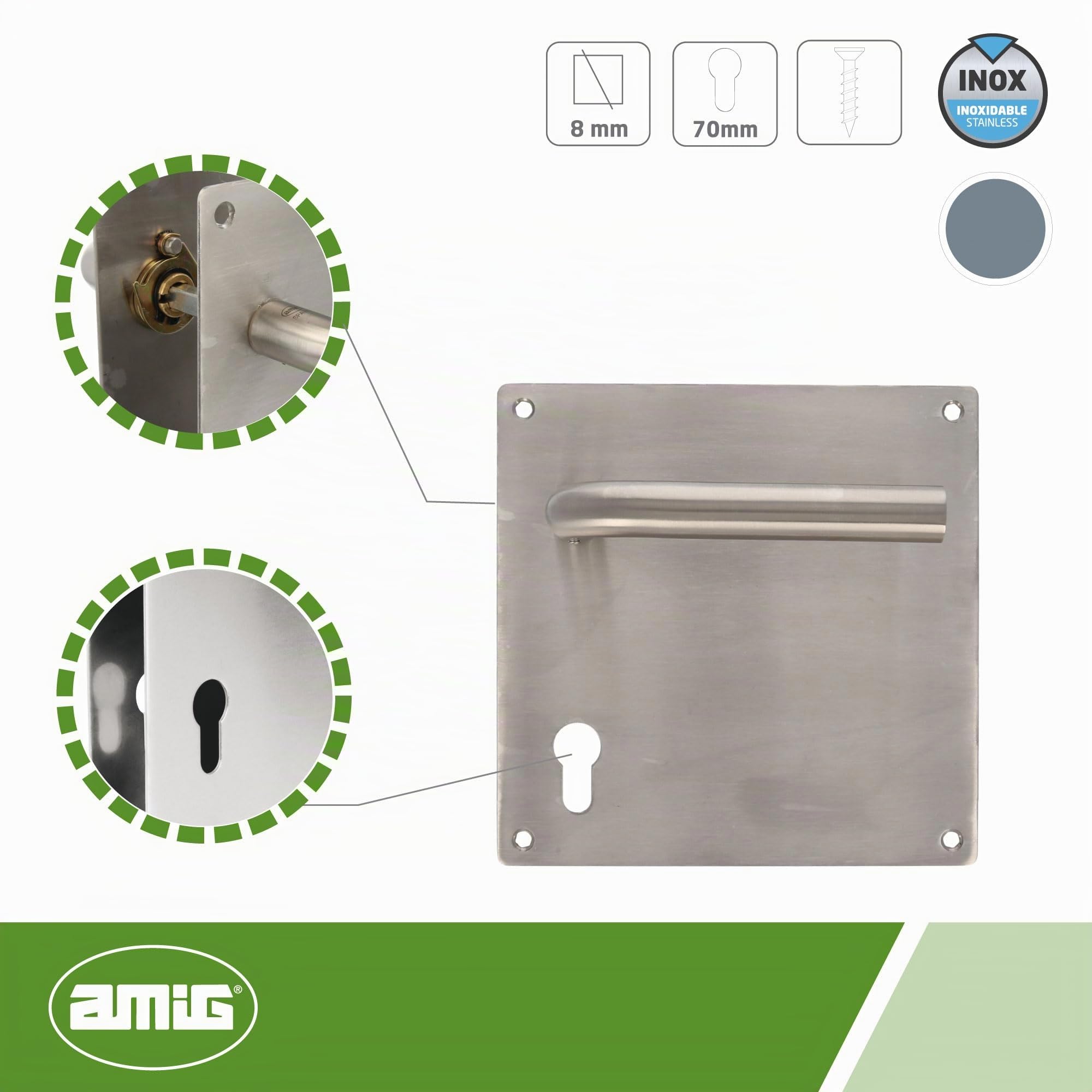 Amig - Juego de Manillas con Placa para puerta - Maneta con Bocallave a 70mm - Mod. 3CB70 - Acero inoxidable 18/8-180 x 180 mm - Cuadradillo de 8 mm - Plateado mate
