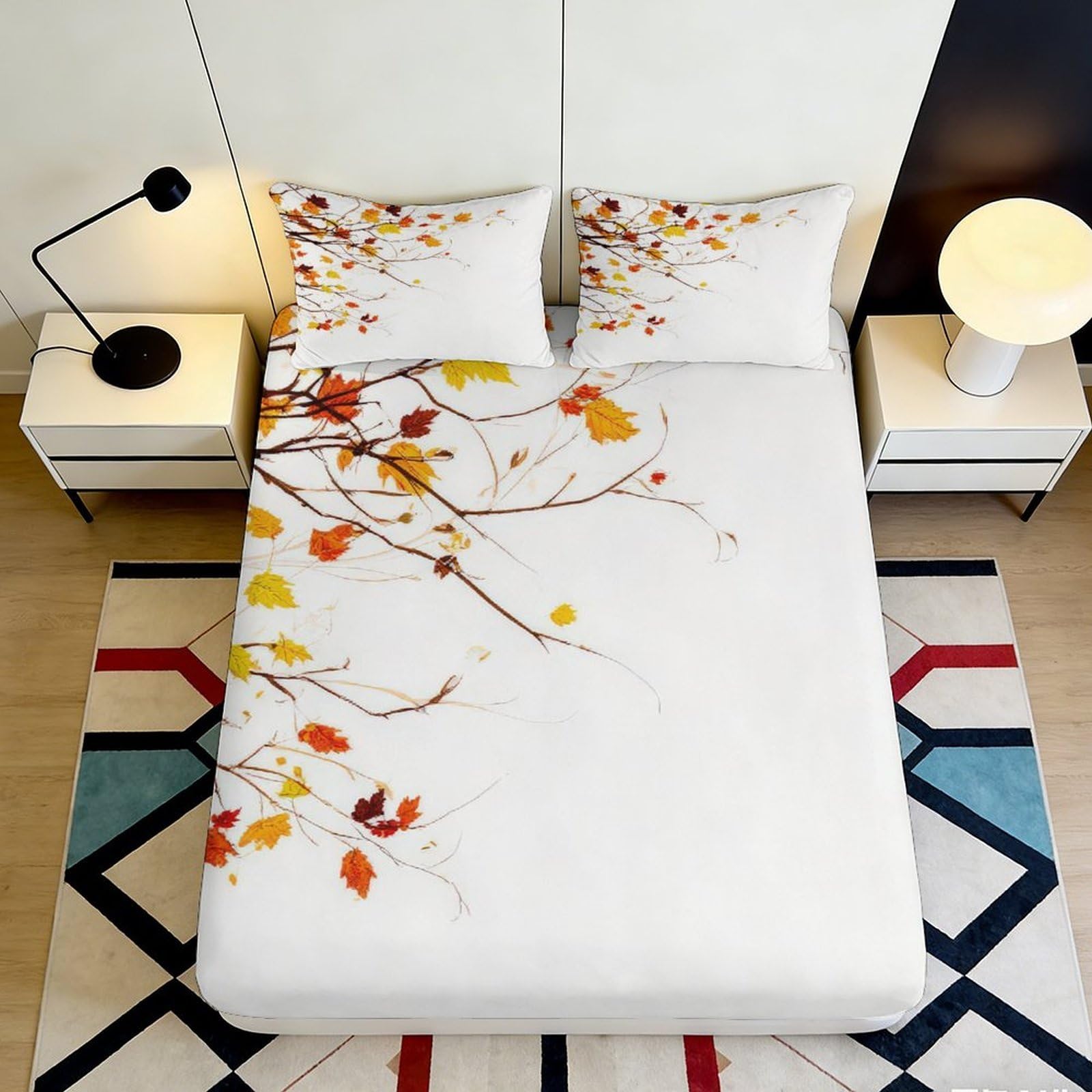 3D Printed Autumn Leaves Fitted Sheet Microfiber Soft Dustproof Maple Branch Mattress Cover for Bedroom Guest Room Decor 140x200x25cm