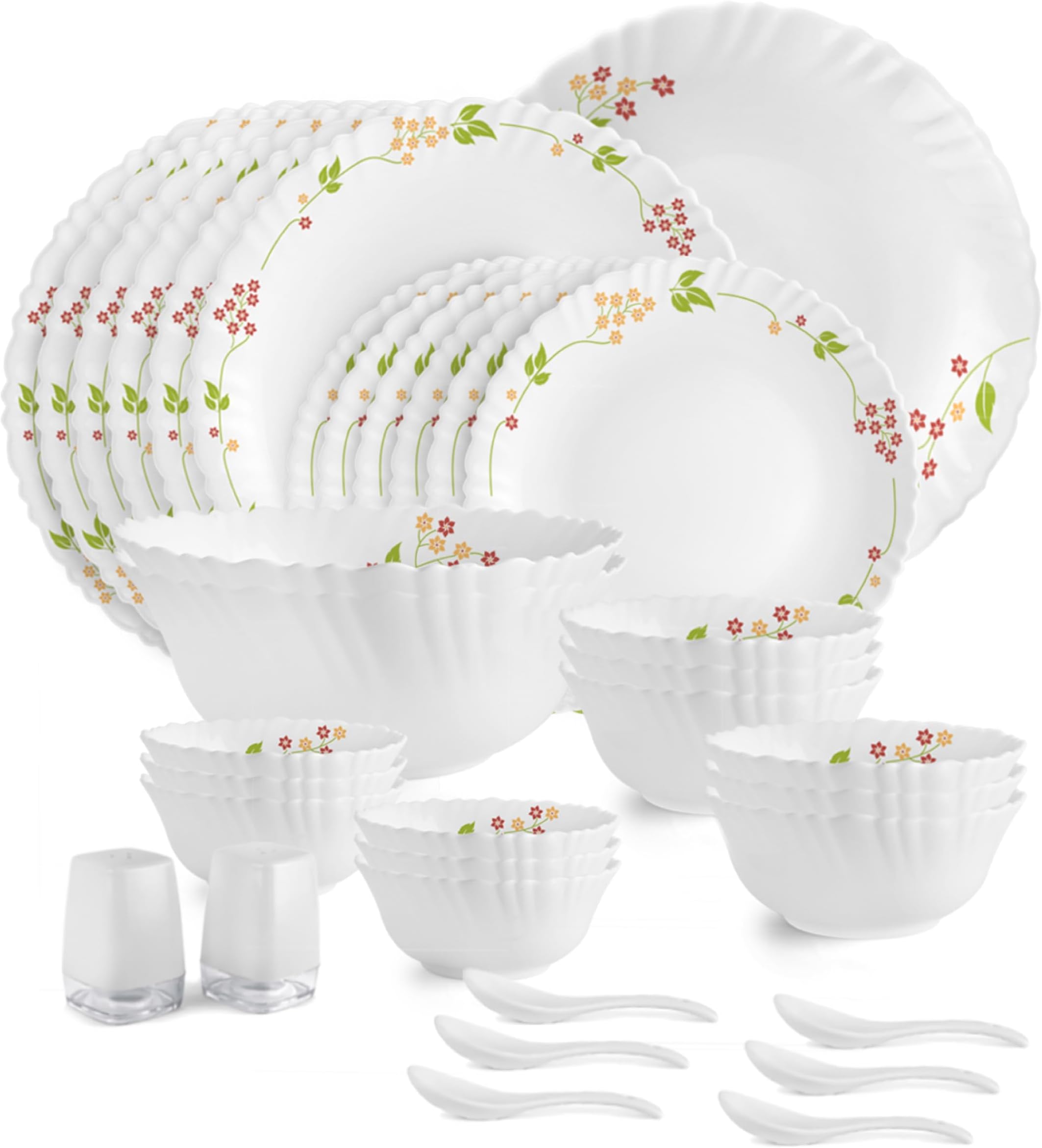CELLO Secret Garden Dazzle Series Opalware Dinner Set of 35 Pieces for Family of 6 | Bone-Ash Free & Leadfree Opal Glass, Microwave & Dishwasher Safe, Plates & Bowls Crockery Set for Dining & Gifting